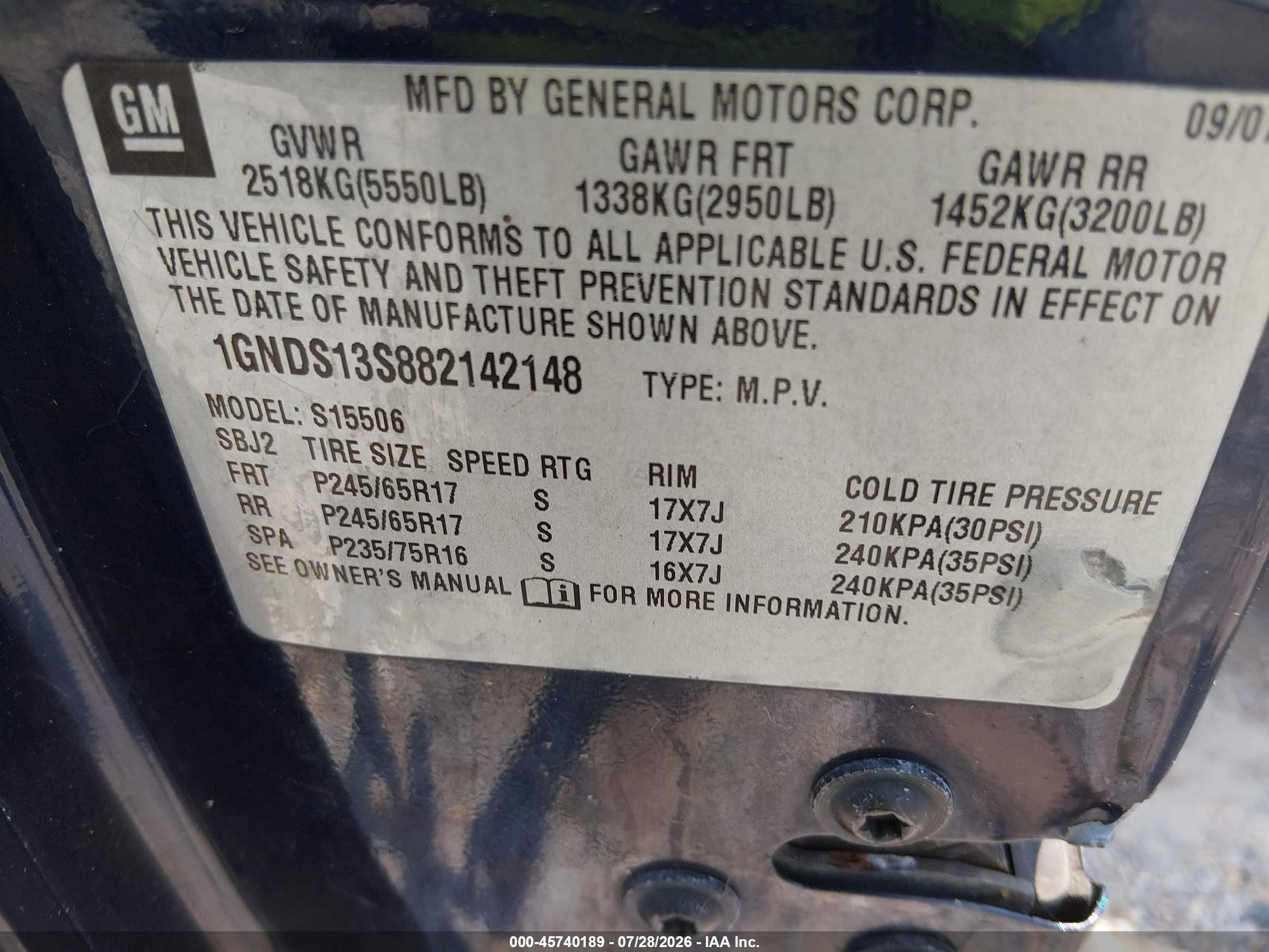2008 Chevrolet Trailblazer Fleet Blue vin: 1GNDS13S882142148