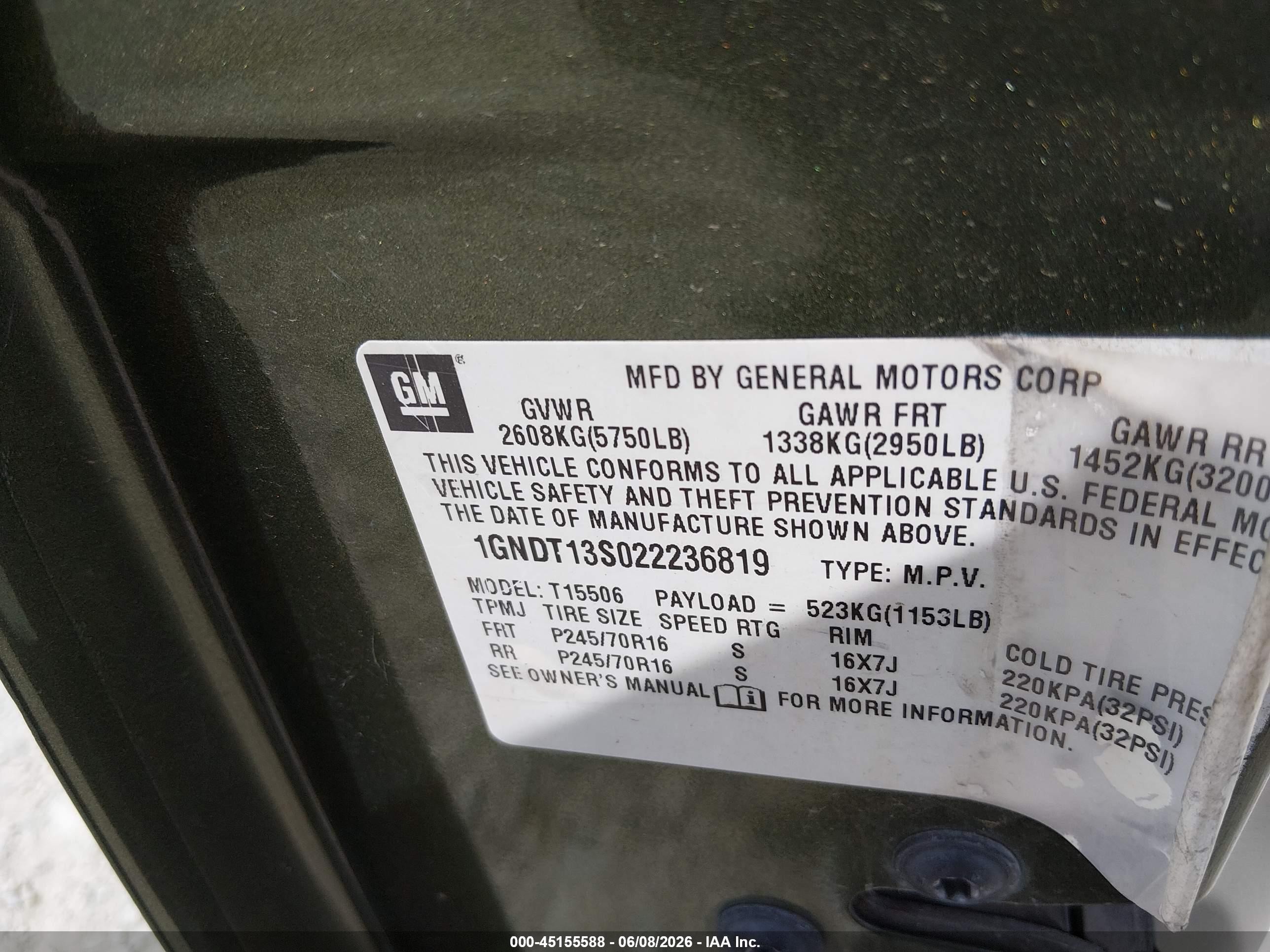 2002 Chevrolet Trailblazer Ls Green vin: 1GNDT13S022236819