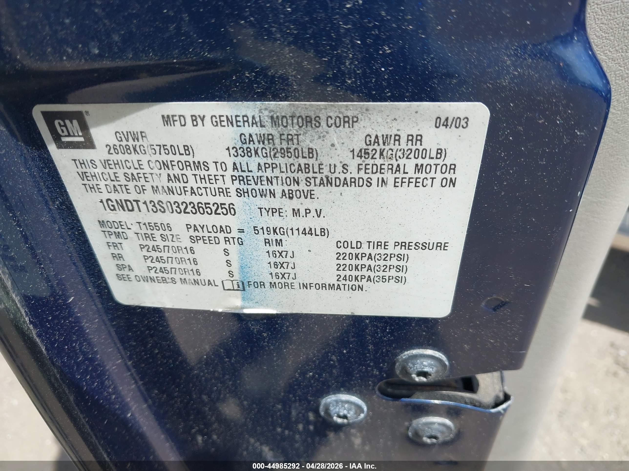 2003 Chevrolet Trailblazer Ls Blue vin: 1GNDT13S032365256