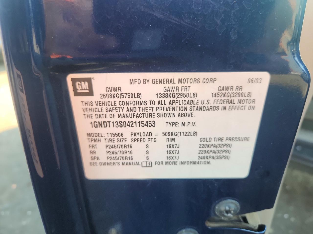 2004 Chevrolet Trailblazer Ls Blue vin: 1GNDT13S042115453