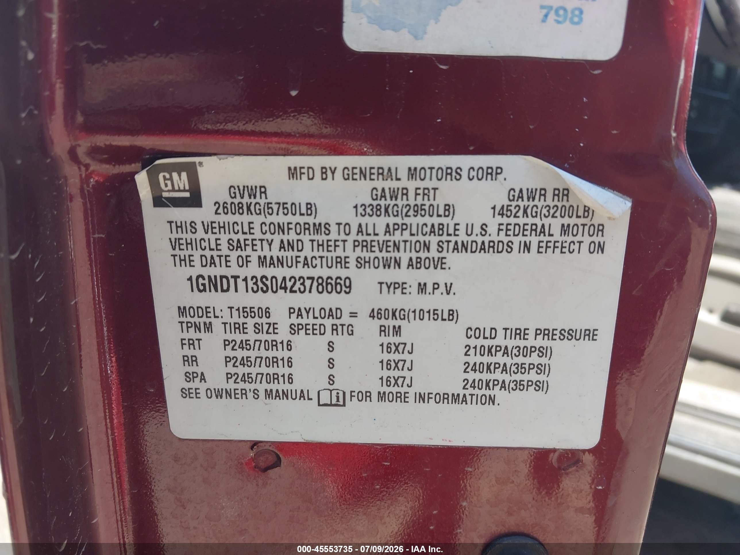 2004 Chevrolet Trailblazer Lt Red vin: 1GNDT13S042378669