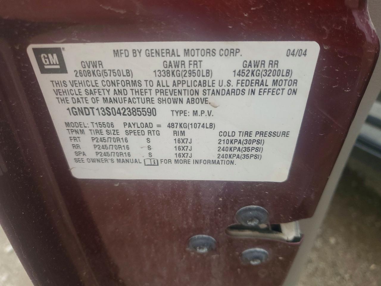 2004 Chevrolet Trailblazer Ls Maroon vin: 1GNDT13S042385590
