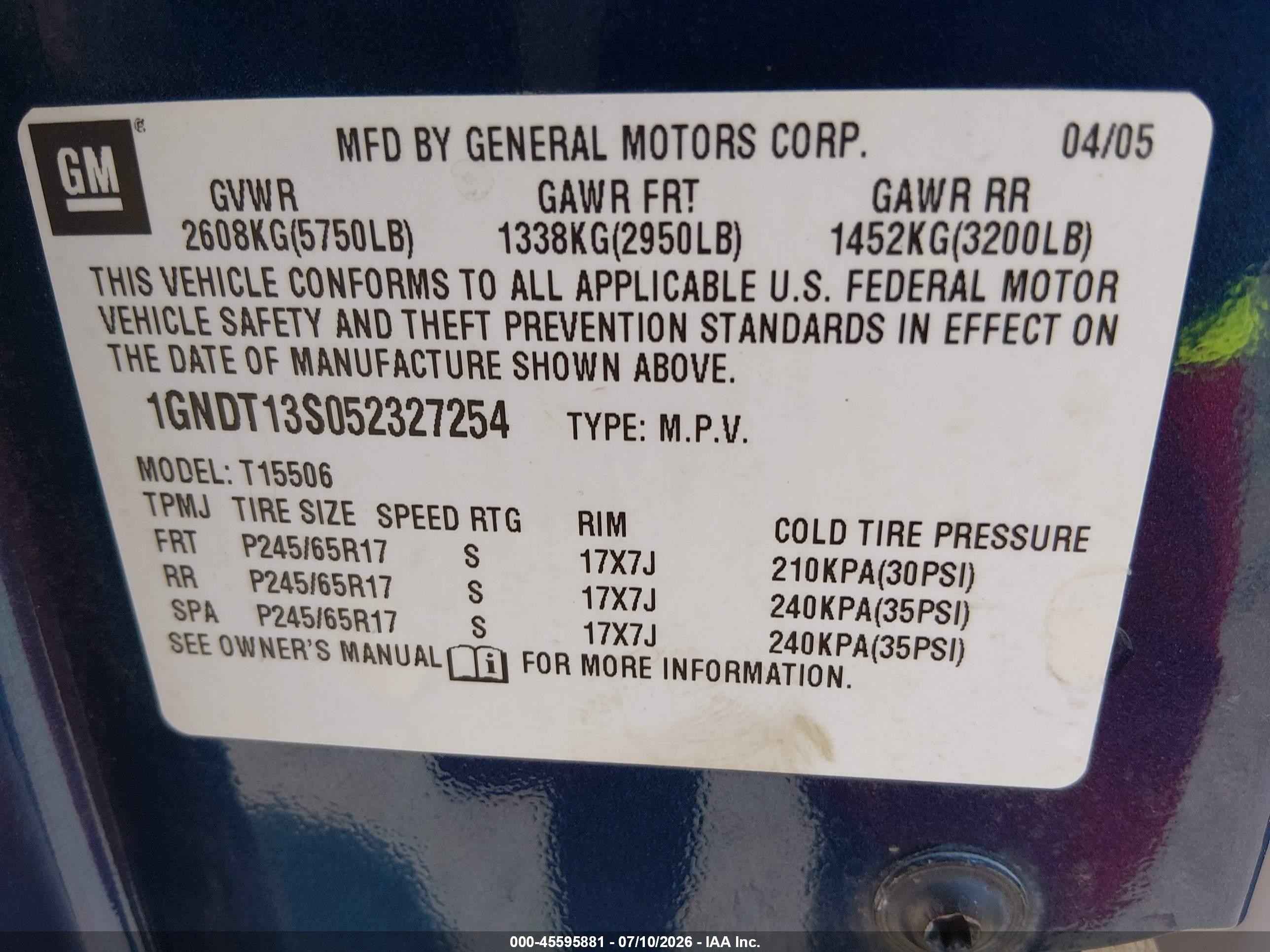 2005 Chevrolet Trailblazer Lt Blue vin: 1GNDT13S052327254