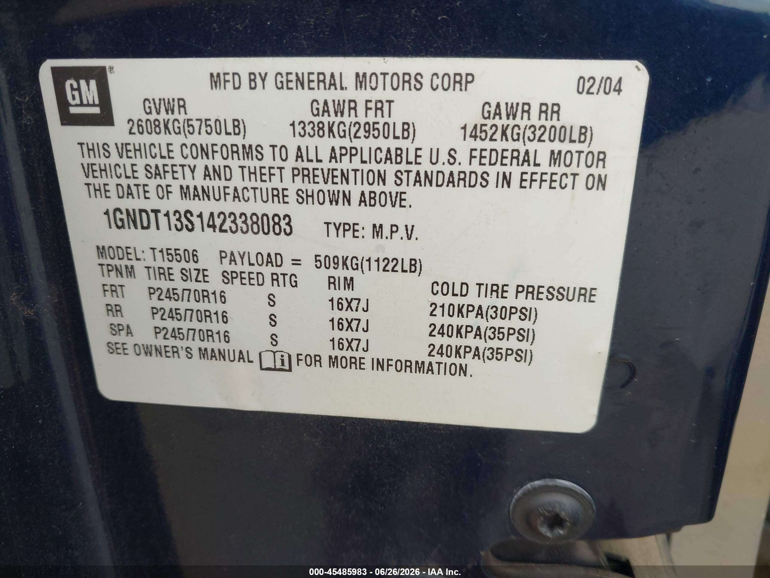 2004 Chevrolet Trailblazer Ls Blue vin: 1GNDT13S142338083