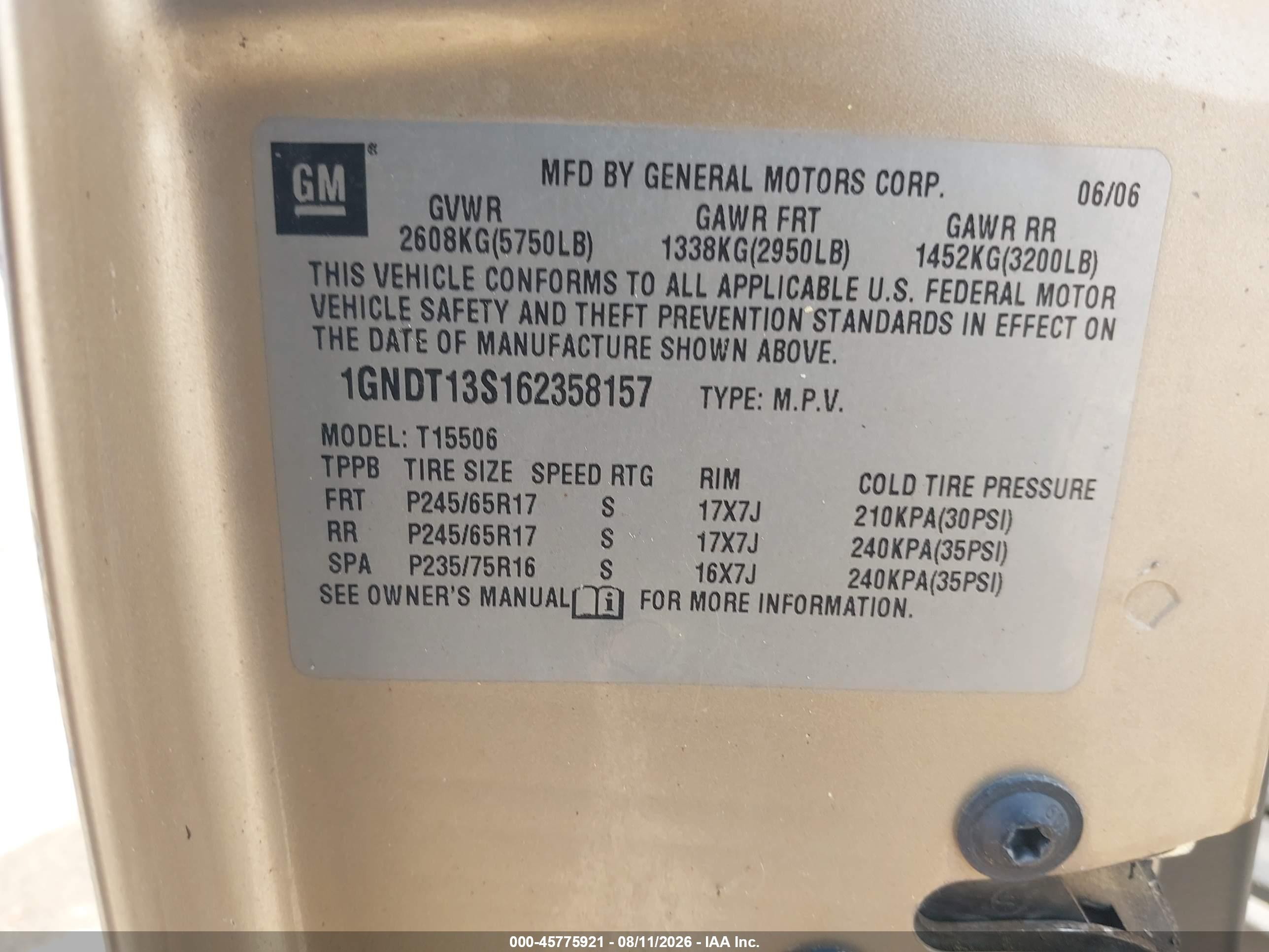 2006 Chevrolet Trailblazer Ls Gold vin: 1GNDT13S162358157
