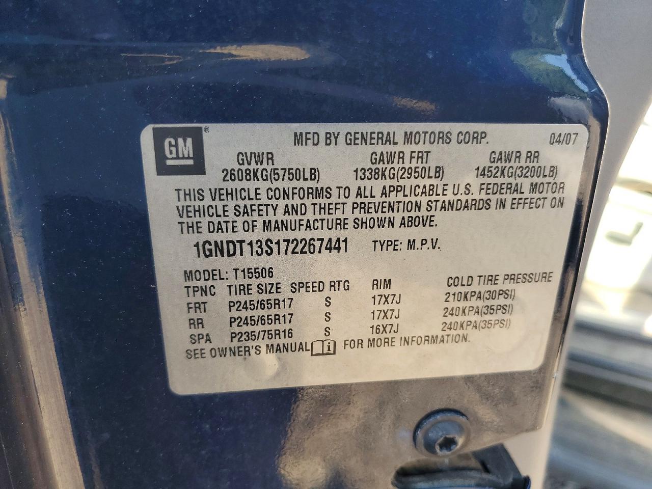 2007 Chevrolet Trailblazer Ls Blue vin: 1GNDT13S172267441