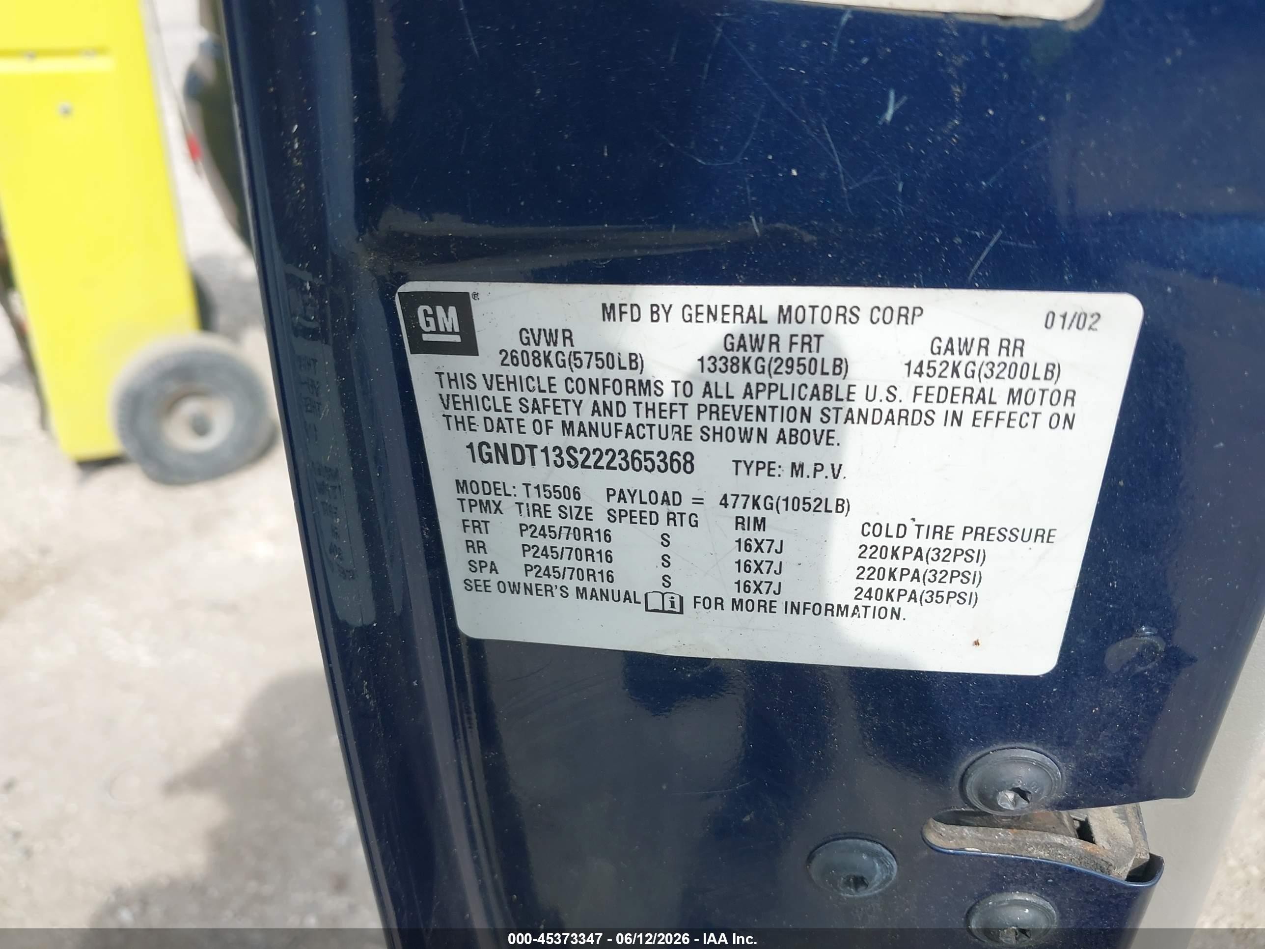 2002 Chevrolet Trailblazer Ls Blue vin: 1GNDT13S222365368