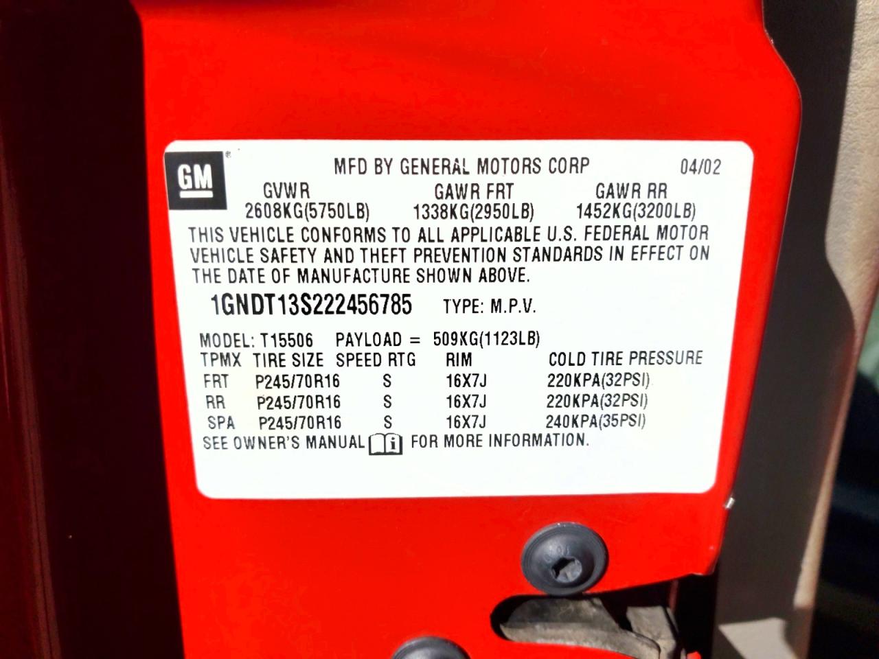 2002 Chevrolet Trailblazer Red vin: 1GNDT13S222456785