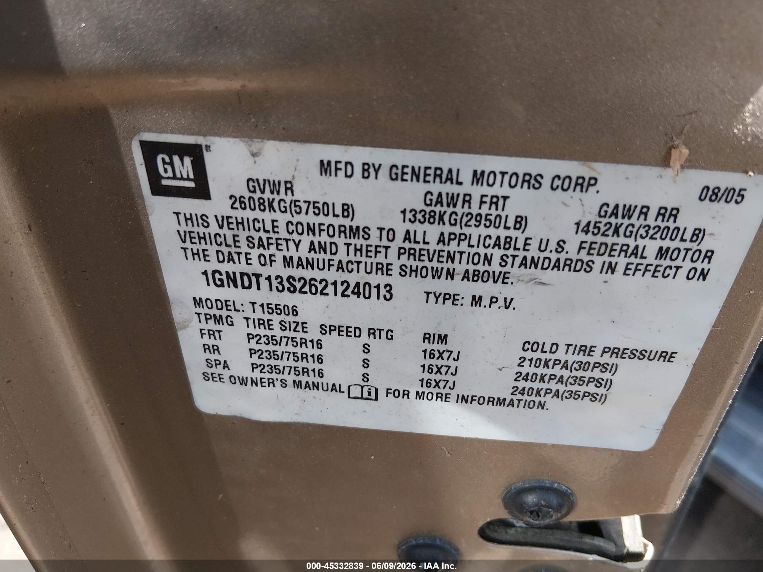 2006 Chevrolet Trailblazer Ls Gold vin: 1GNDT13S262124013