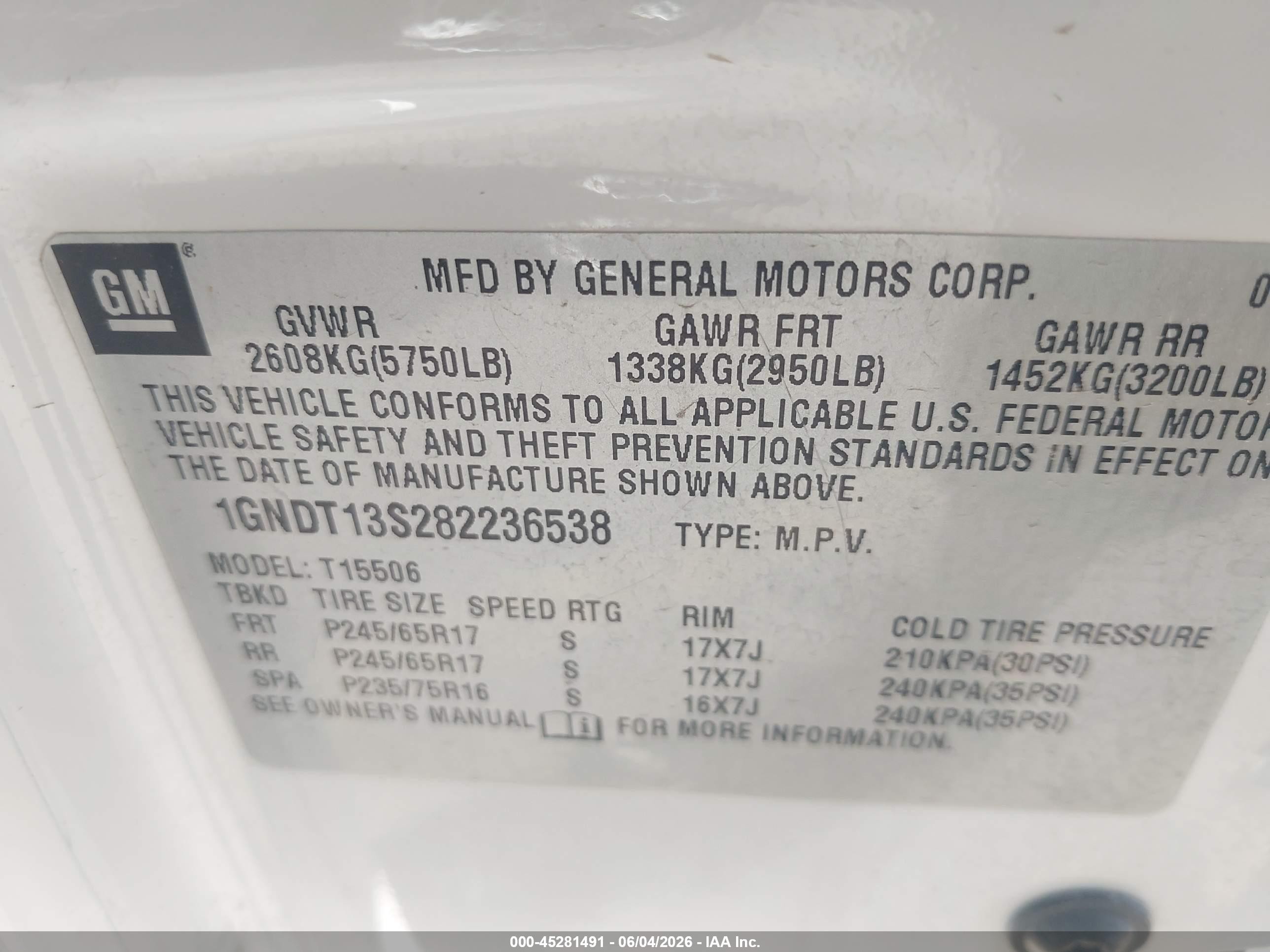 2008 Chevrolet Trailblazer Fleet White vin: 1GNDT13S282236538