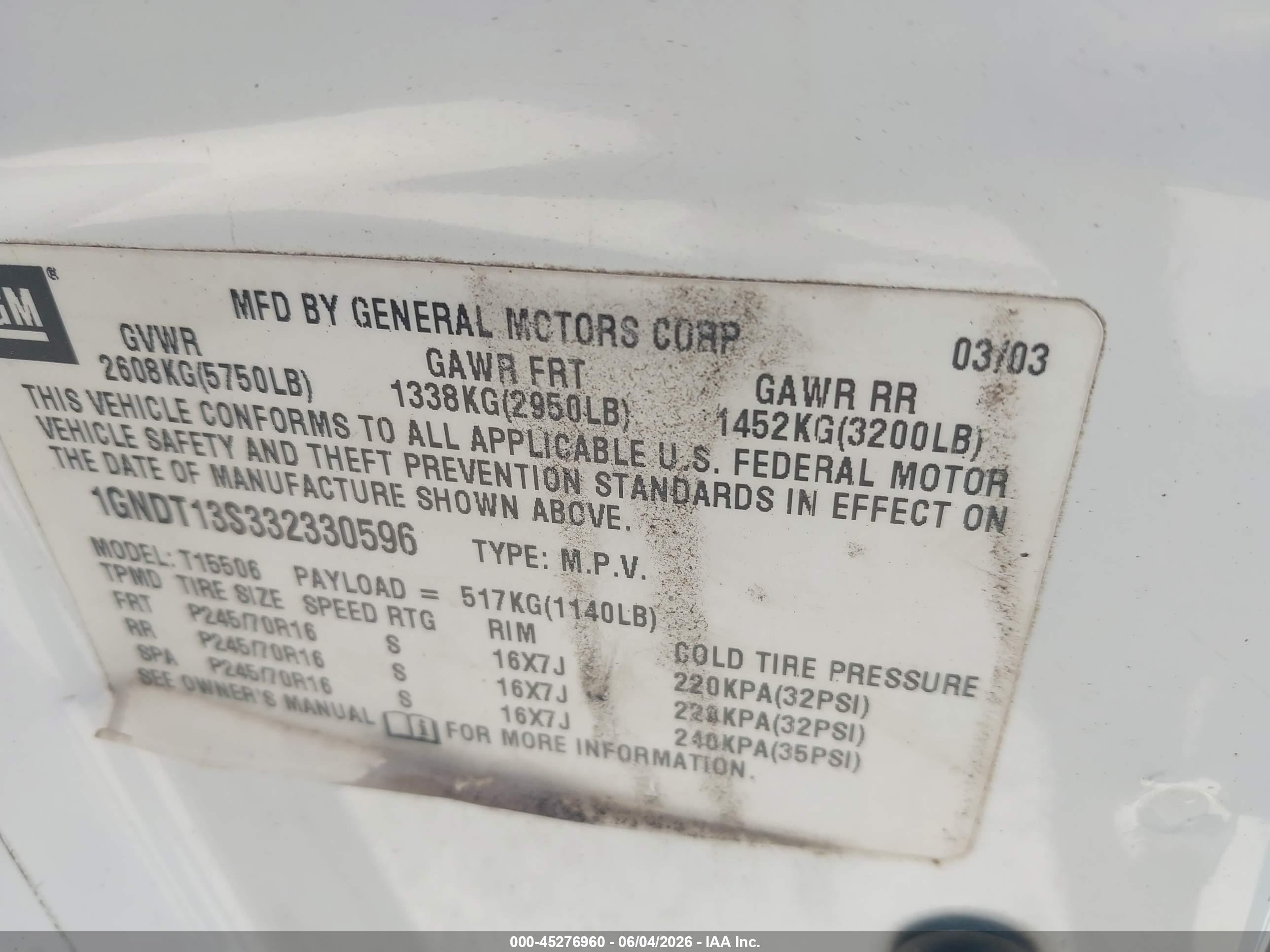 2003 Chevrolet Trailblazer Ls White vin: 1GNDT13S332330596