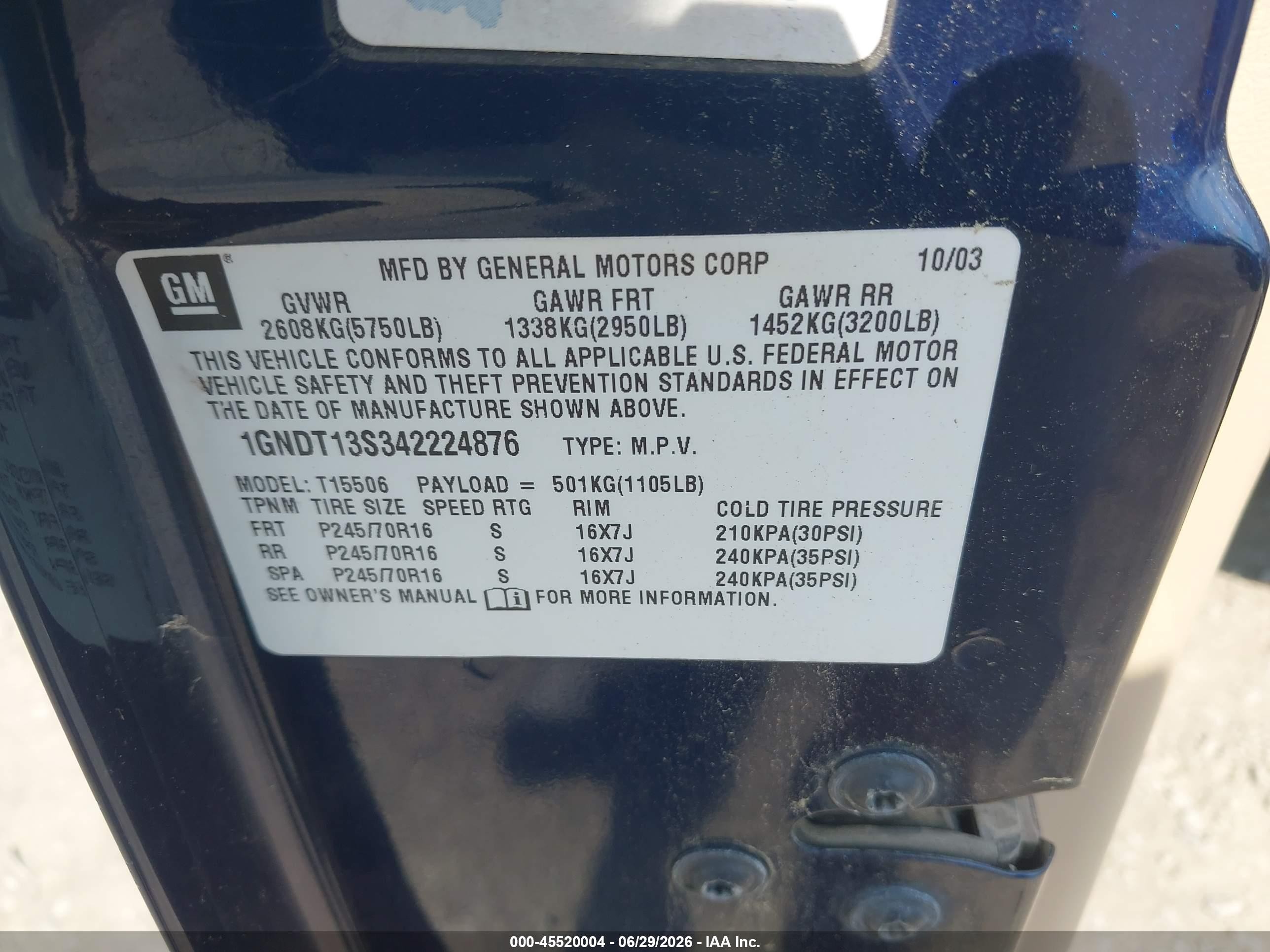2004 Chevrolet Trailblazer Lt Blue vin: 1GNDT13S342224876