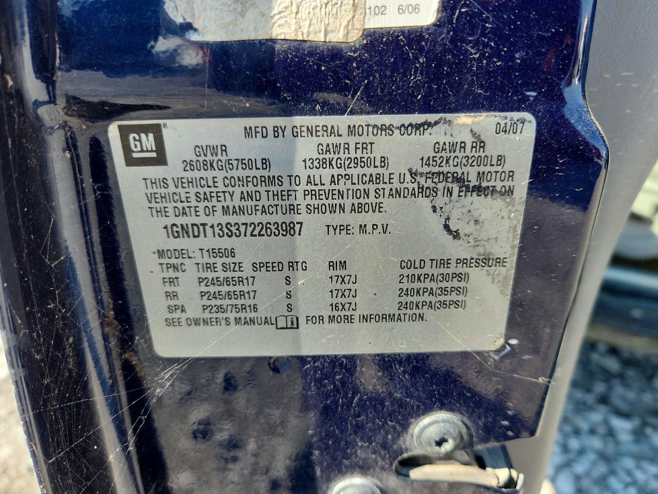 2007 Chevrolet Trailblazer Ls Blue vin: 1GNDT13S372263987