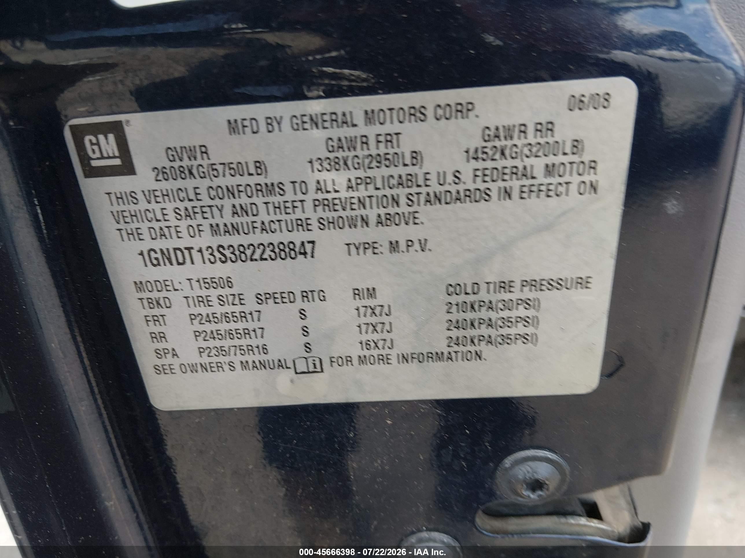 2008 Chevrolet Trailblazer Fleet Dark Blue vin: 1GNDT13S382238847