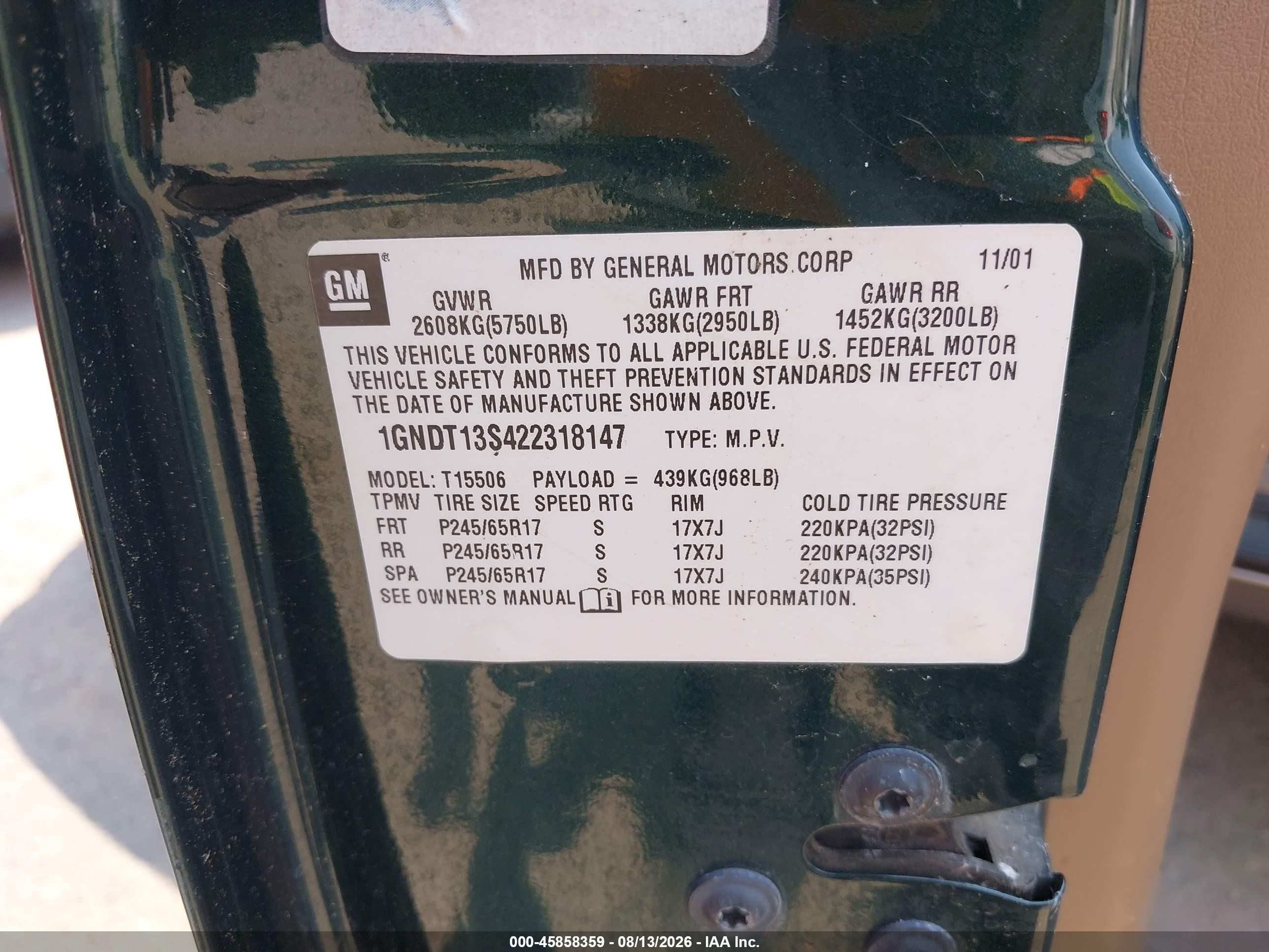 2002 Chevrolet Trailblazer Ltz Green vin: 1GNDT13S422318147