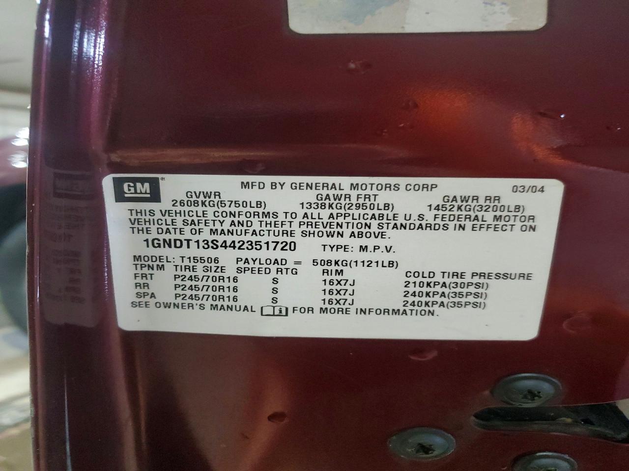 2004 Chevrolet Trailblazer Ls/lt Maroon vin: 1GNDT13S442351720