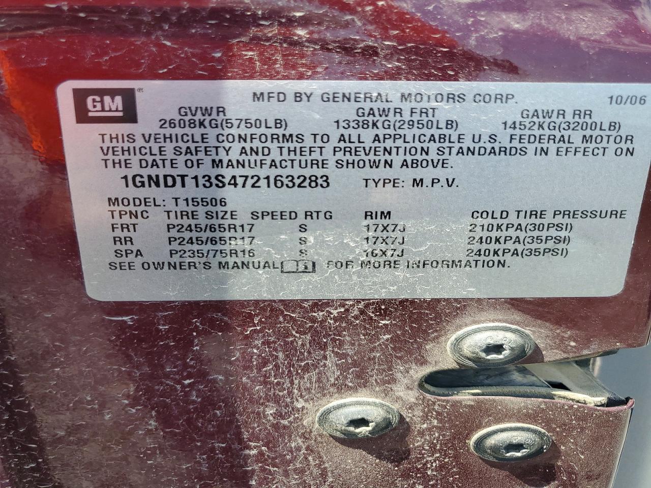 2007 Chevrolet Trailblazer Ls/lt Burgundy vin: 1GNDT13S472163283