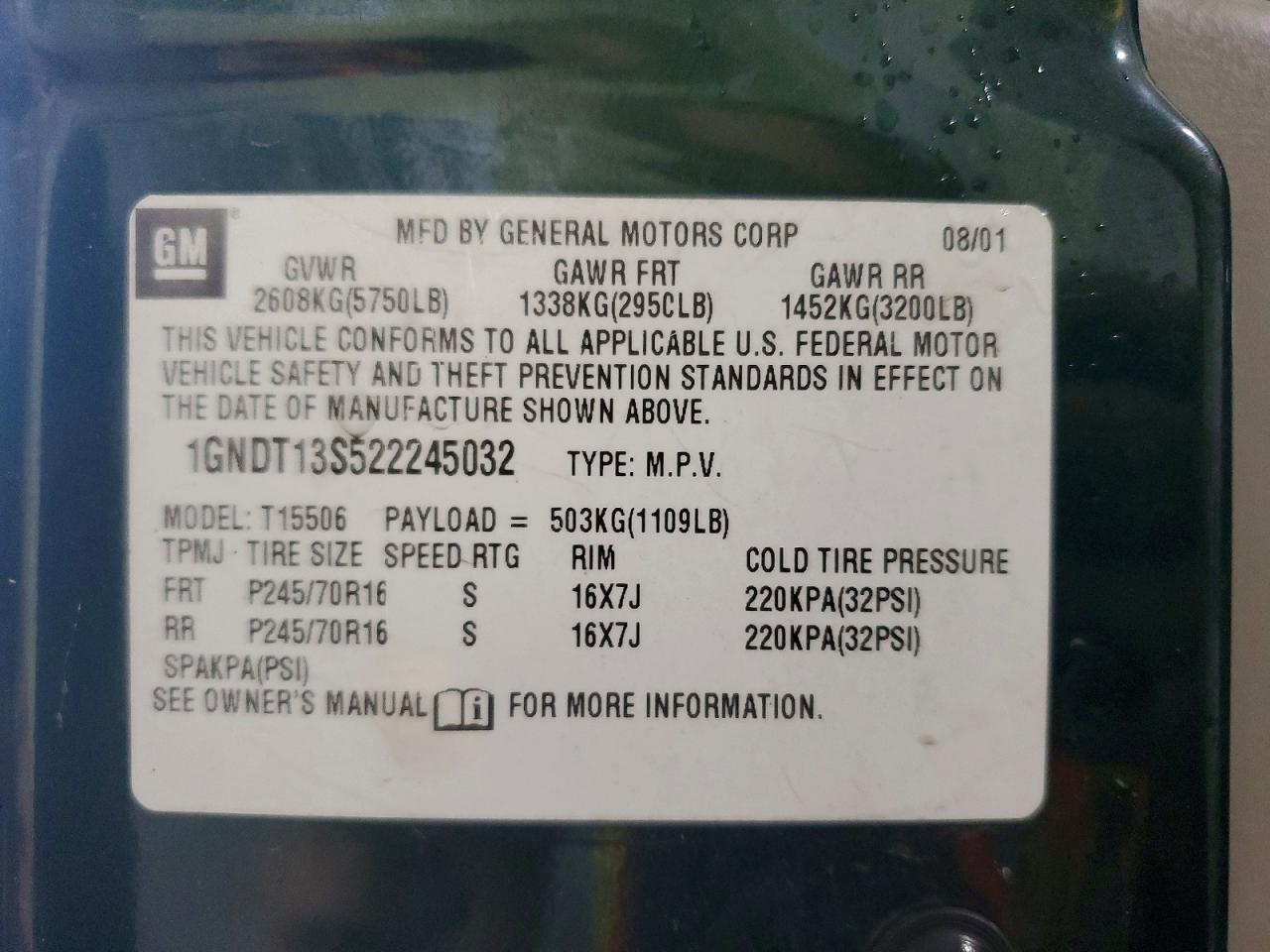 2002 Chevrolet Trailblazer Green vin: 1GNDT13S522245032