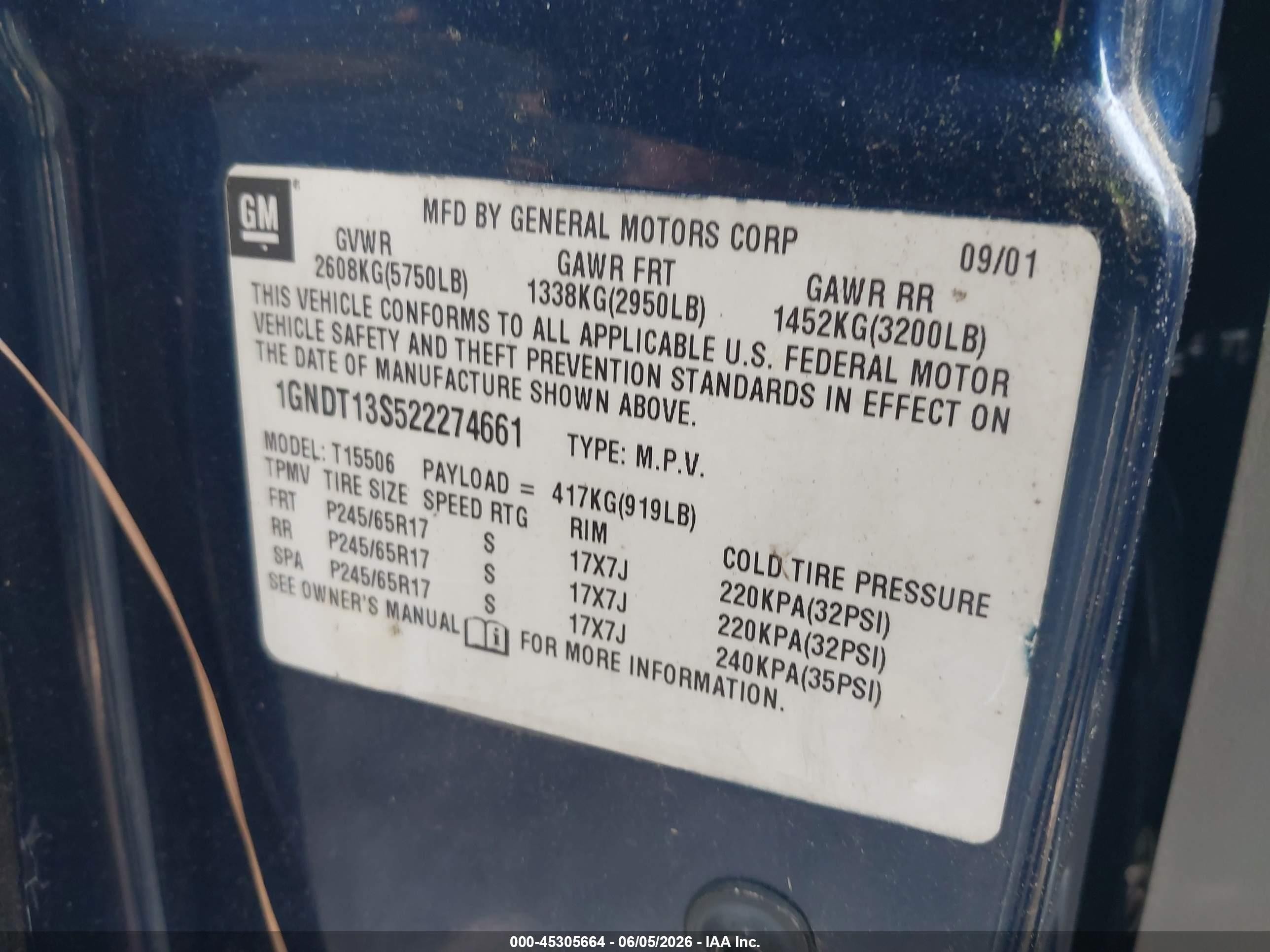 2002 Chevrolet Trailblazer Ltz Blue vin: 1GNDT13S522274661