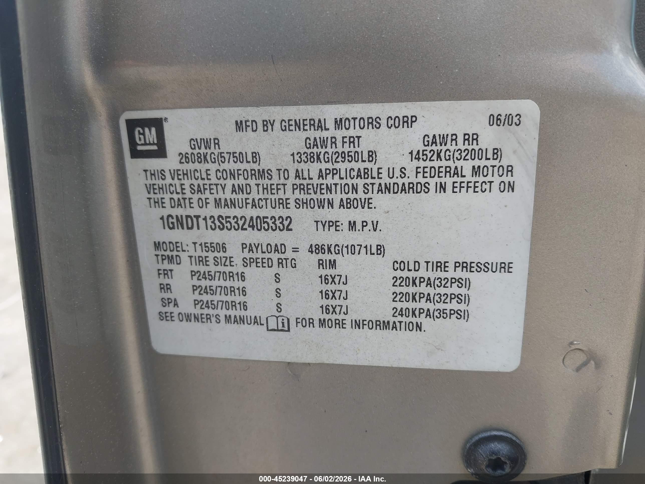 2003 Chevrolet Trailblazer Lt Gold vin: 1GNDT13S532405332