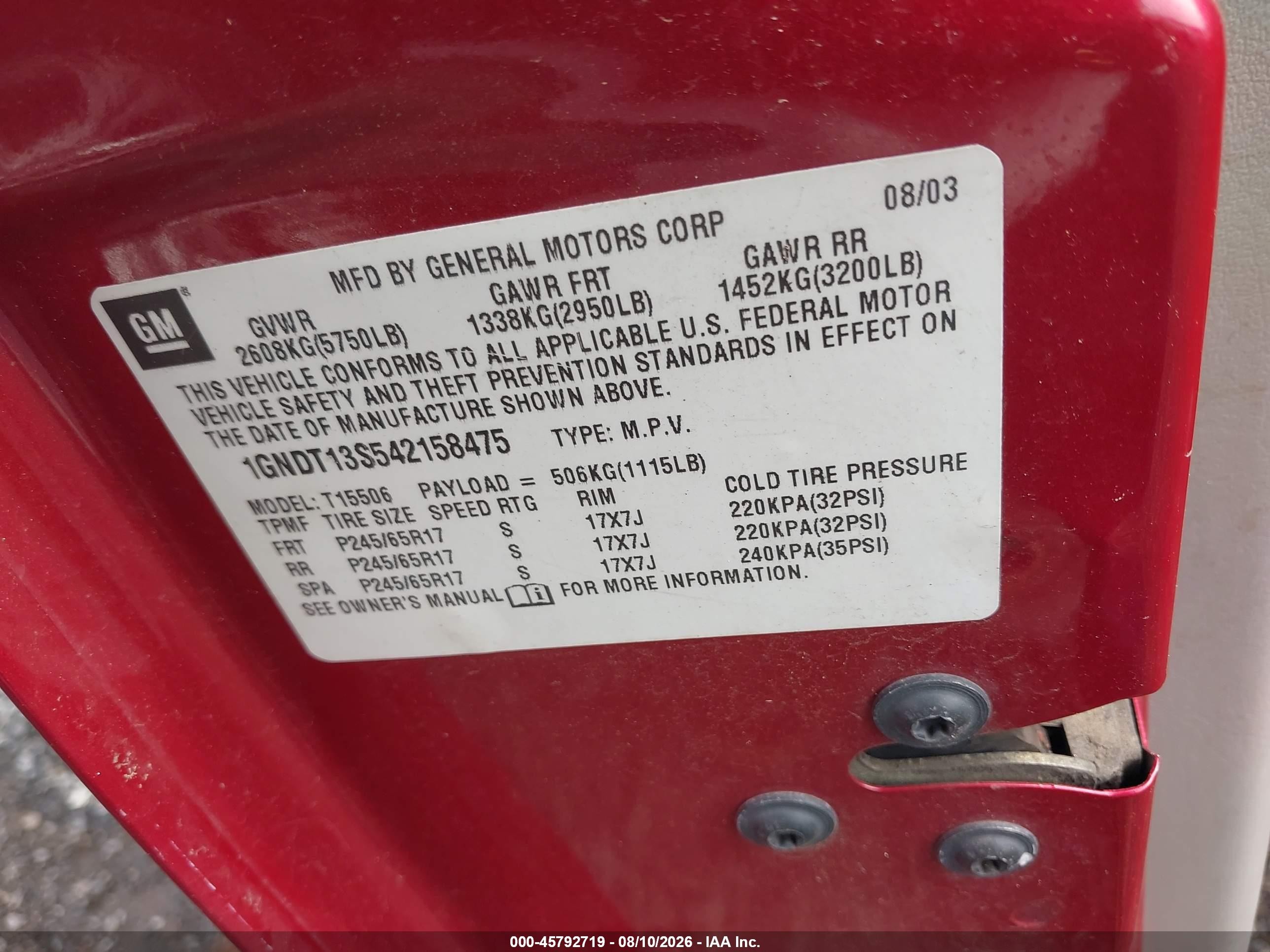 2004 Chevrolet Trailblazer Lt Red vin: 1GNDT13S542158475