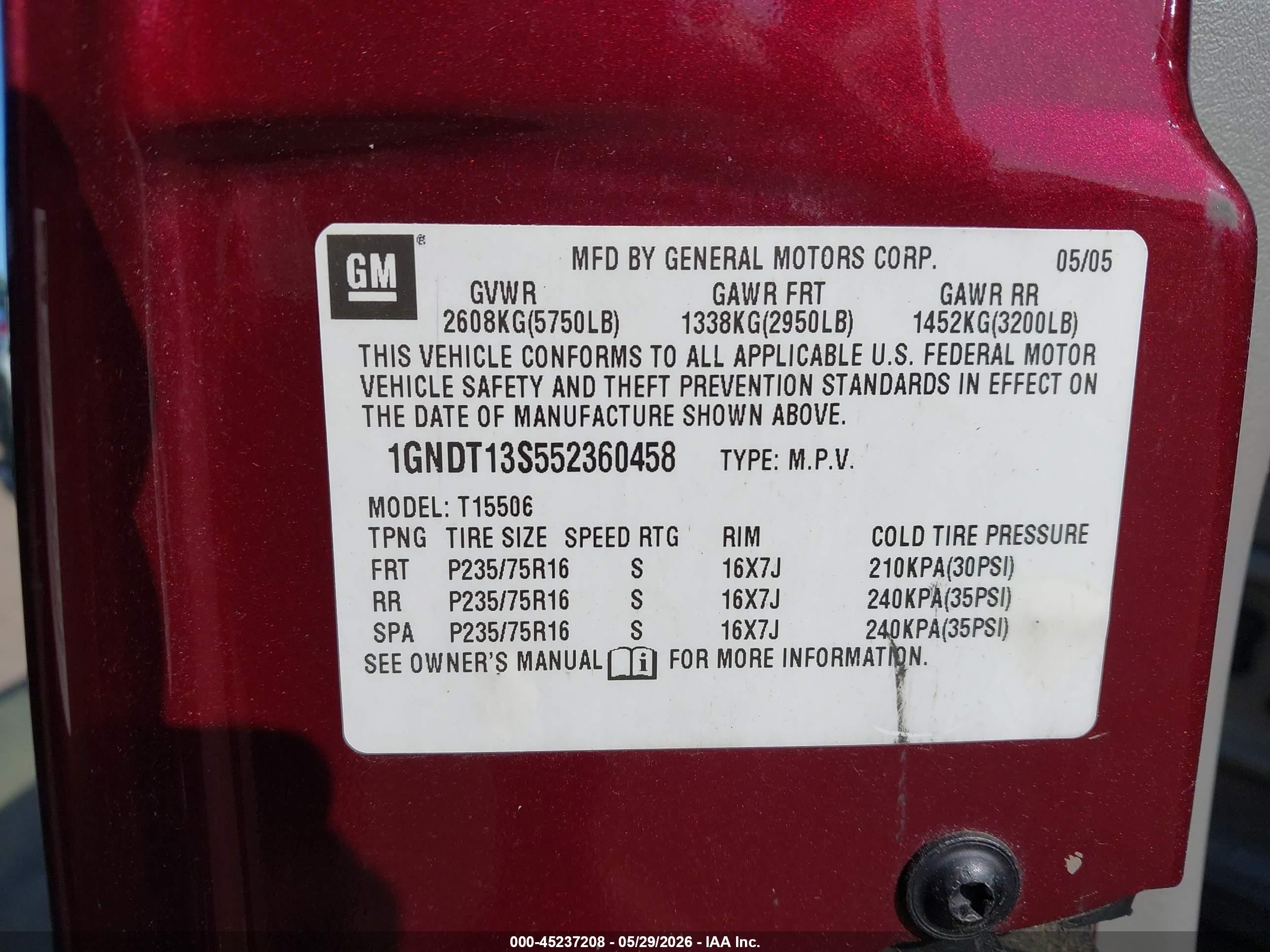 2005 Chevrolet Trailblazer Ls Red vin: 1GNDT13S552360458