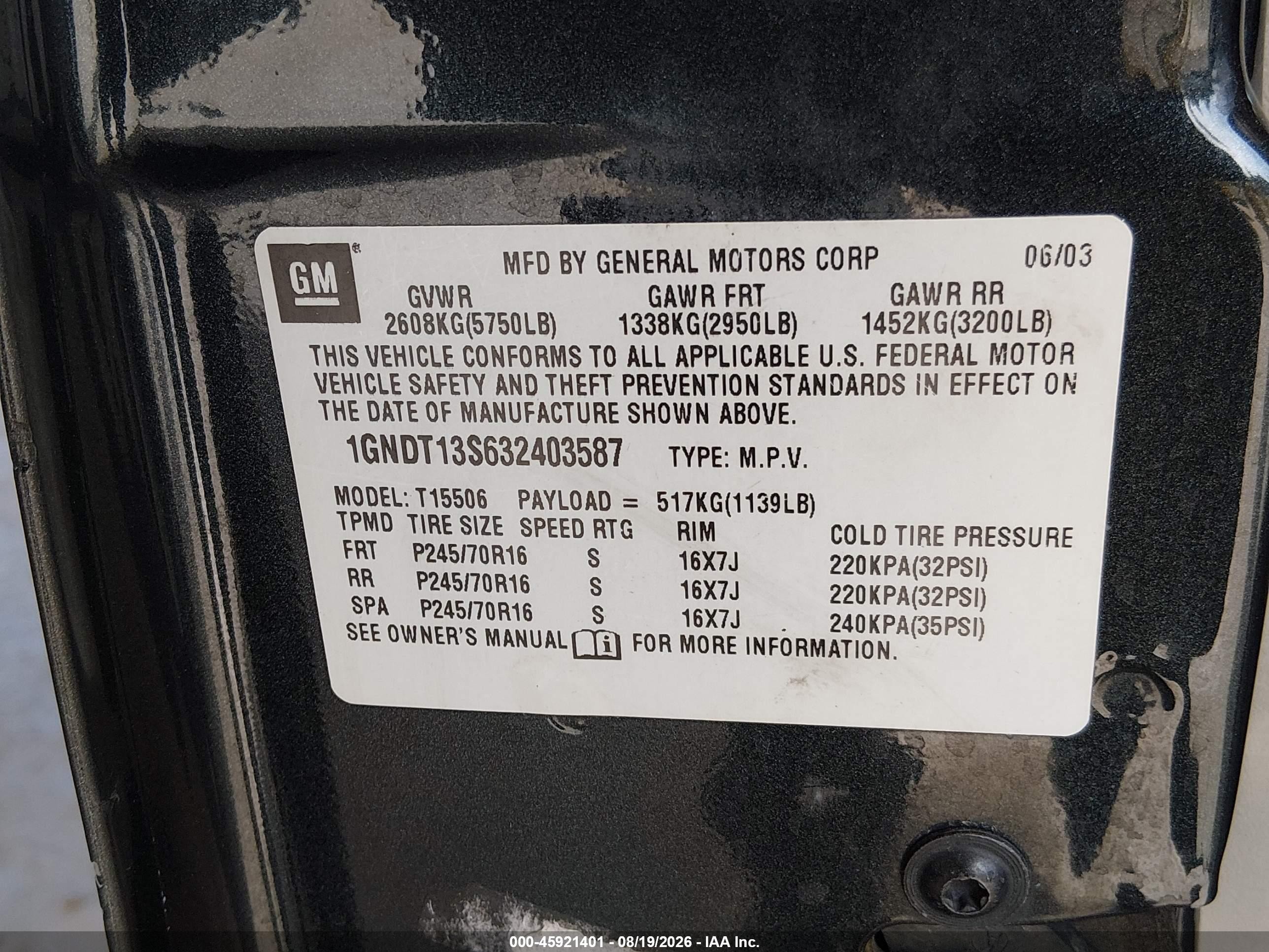 2003 Chevrolet Trailblazer Ls Black vin: 1GNDT13S632403587
