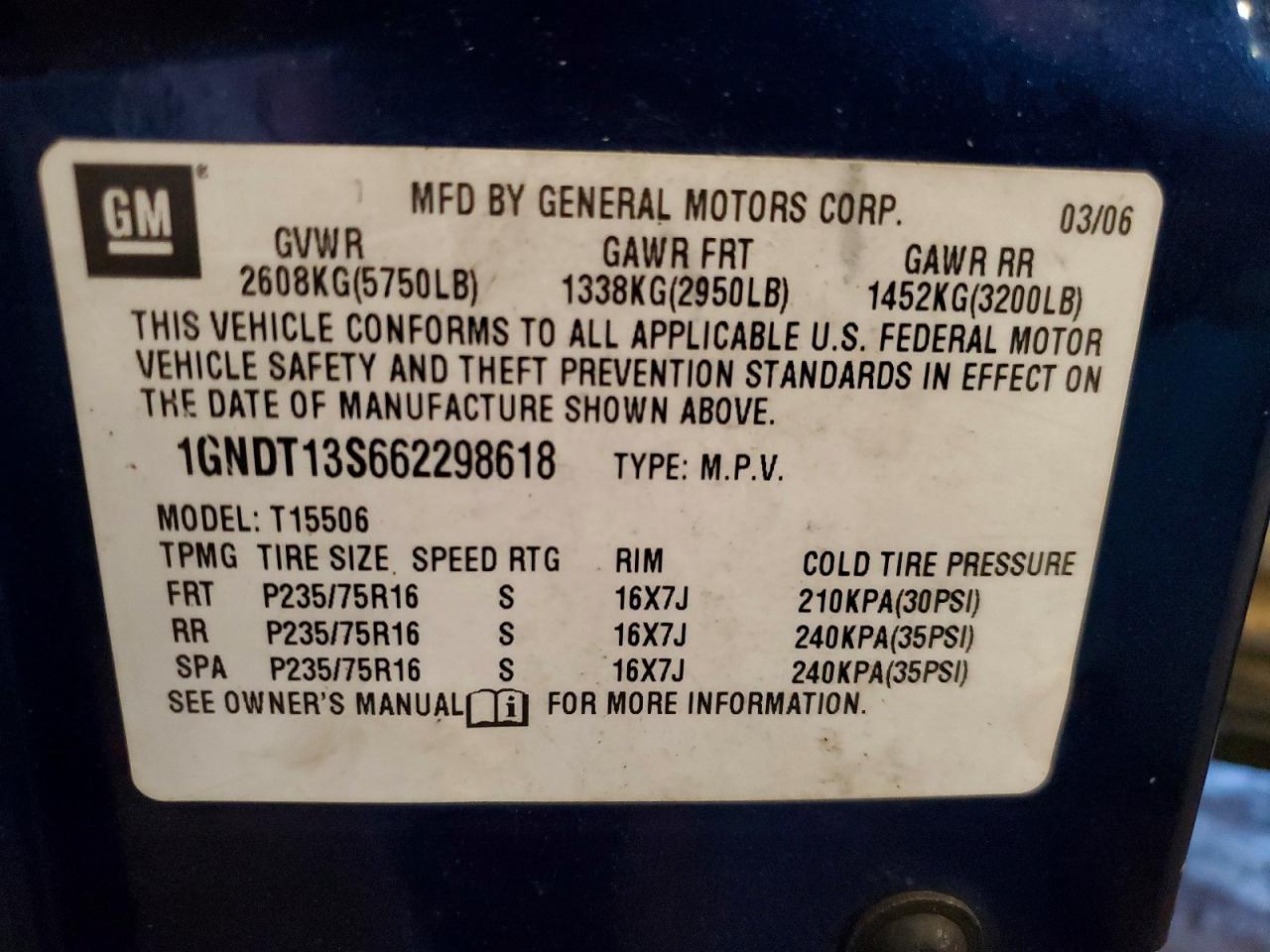 2006 Chevrolet Trailblazer Ls/lt Blue vin: 1GNDT13S662298618