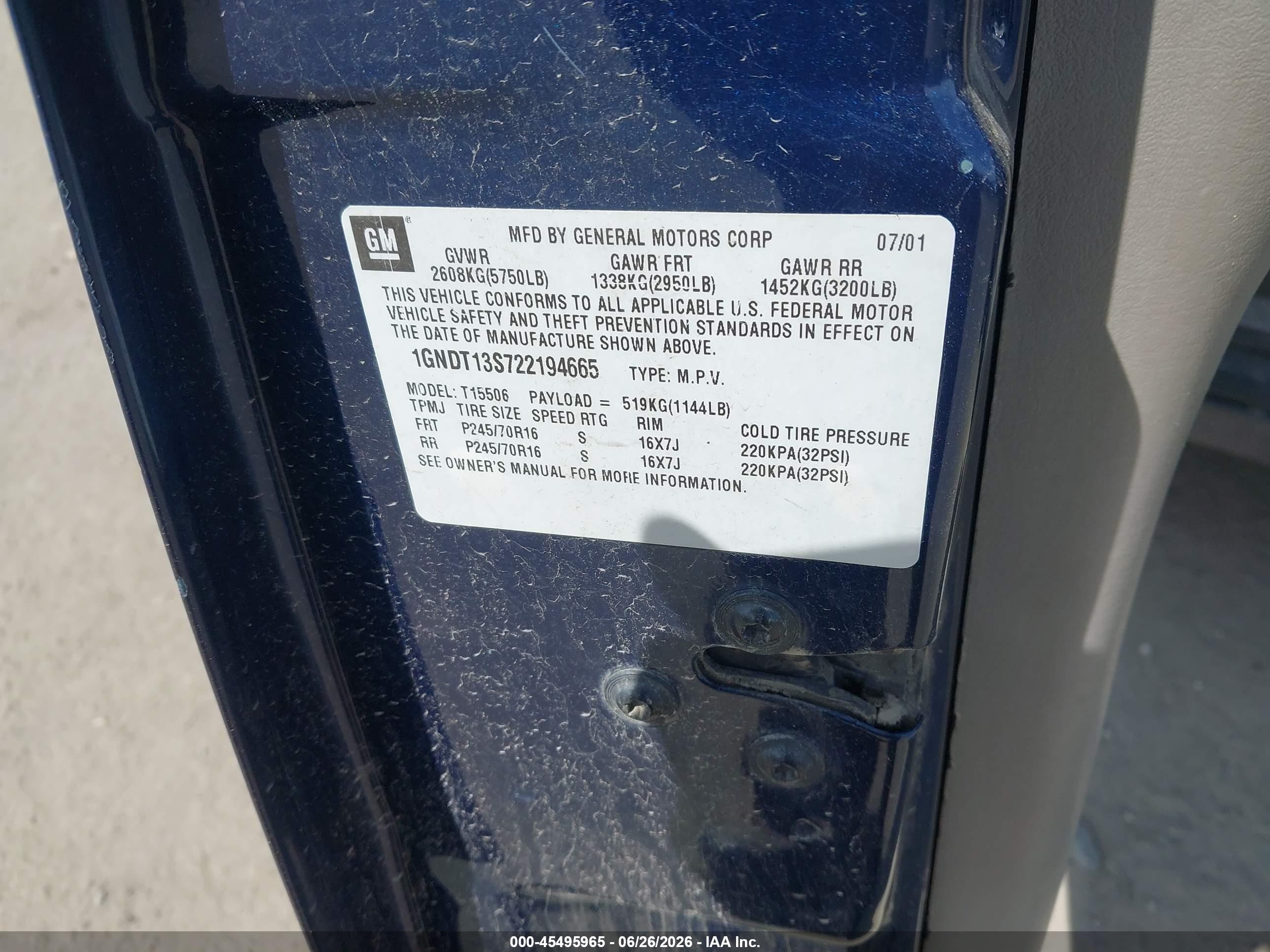2002 Chevrolet Trailblazer Ls Blue vin: 1GNDT13S722194665