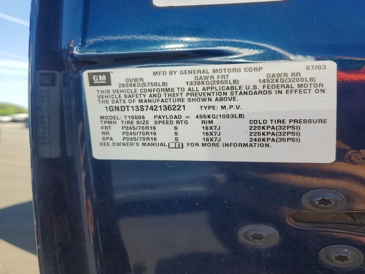 2004 Chevrolet Trailblazer Ls Blue vin: 1GNDT13S742136221