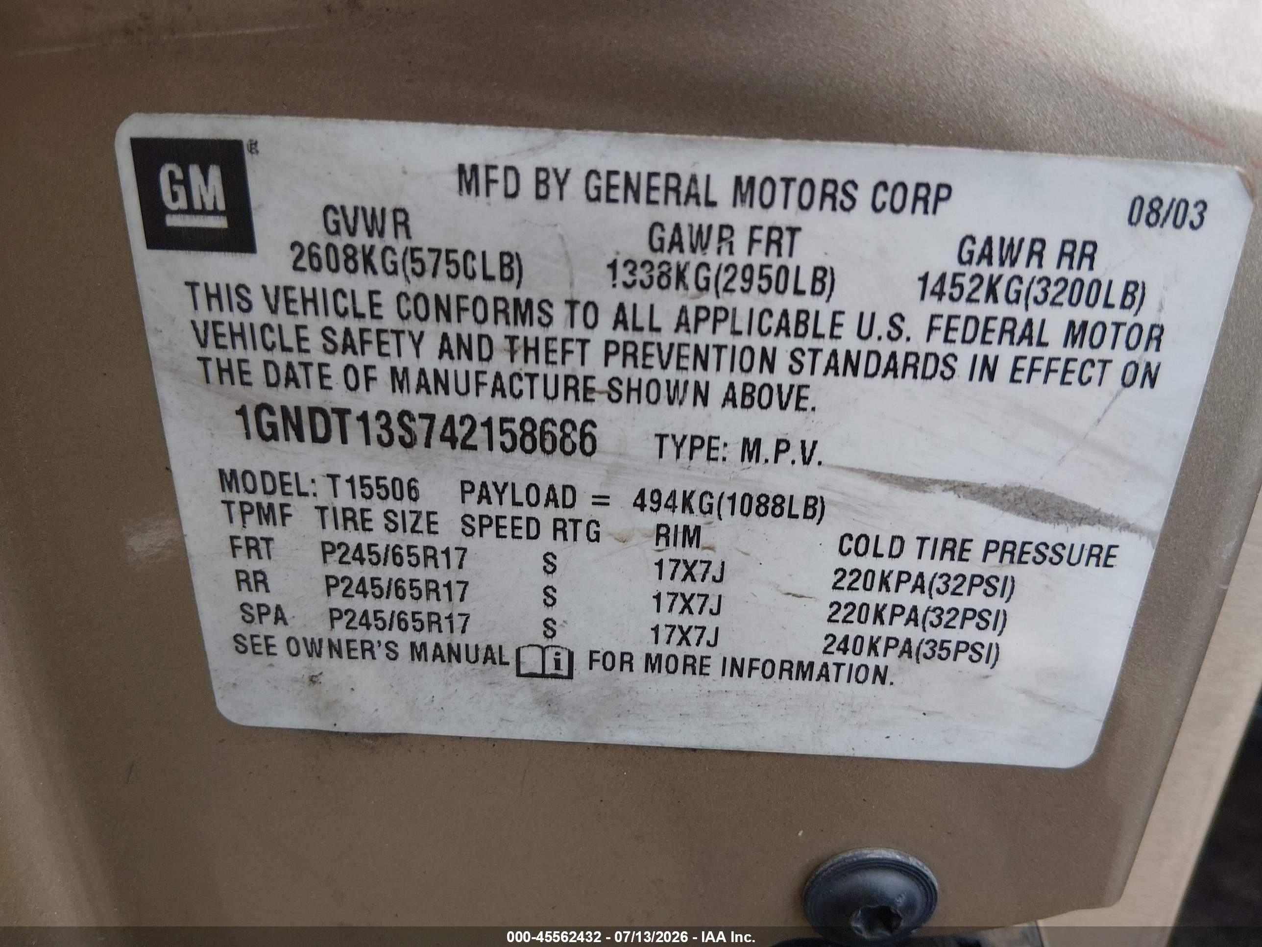2004 Chevrolet Trailblazer Lt Gold vin: 1GNDT13S742158686