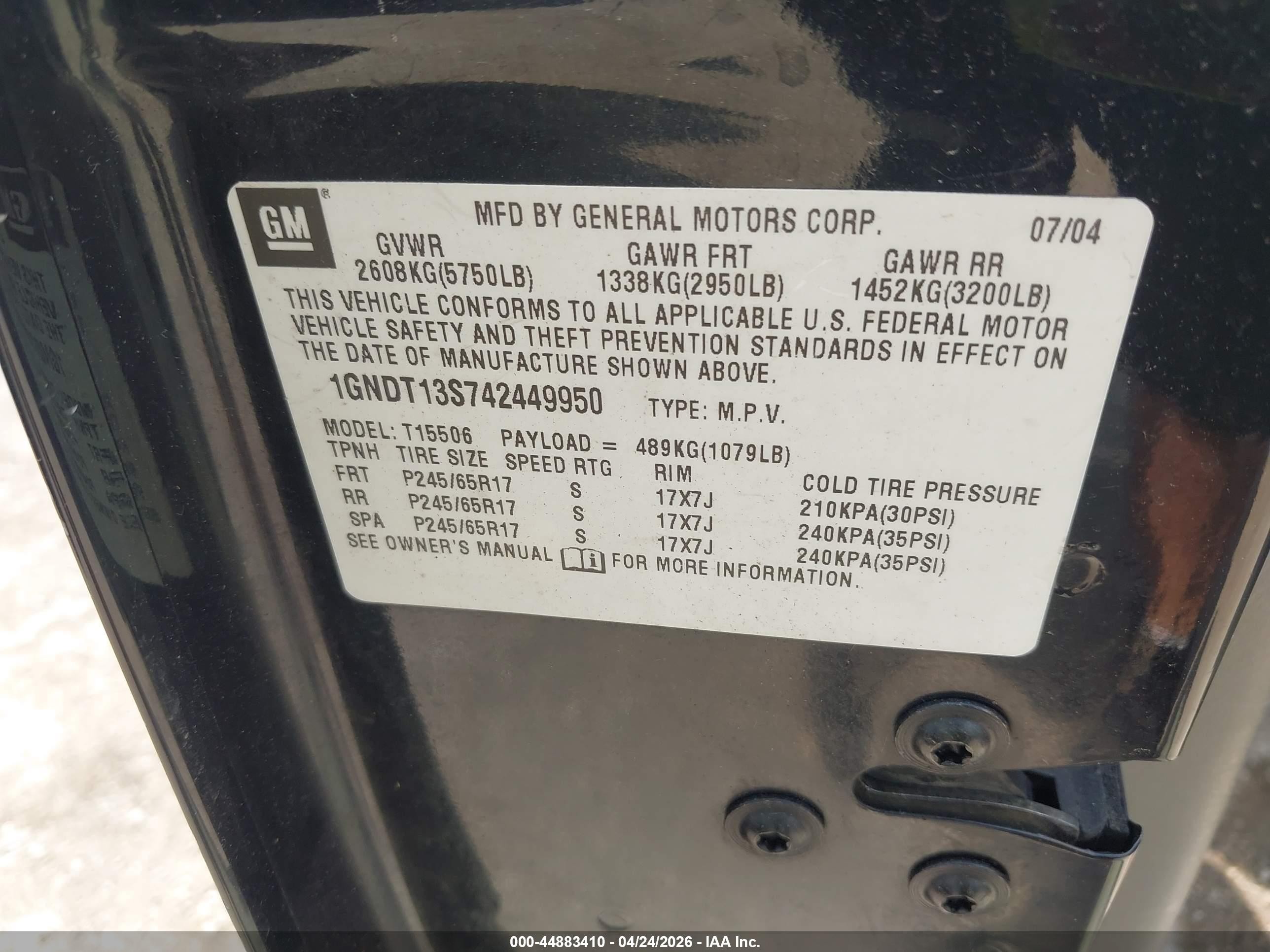 2004 Chevrolet Trailblazer Lt Black vin: 1GNDT13S742449950