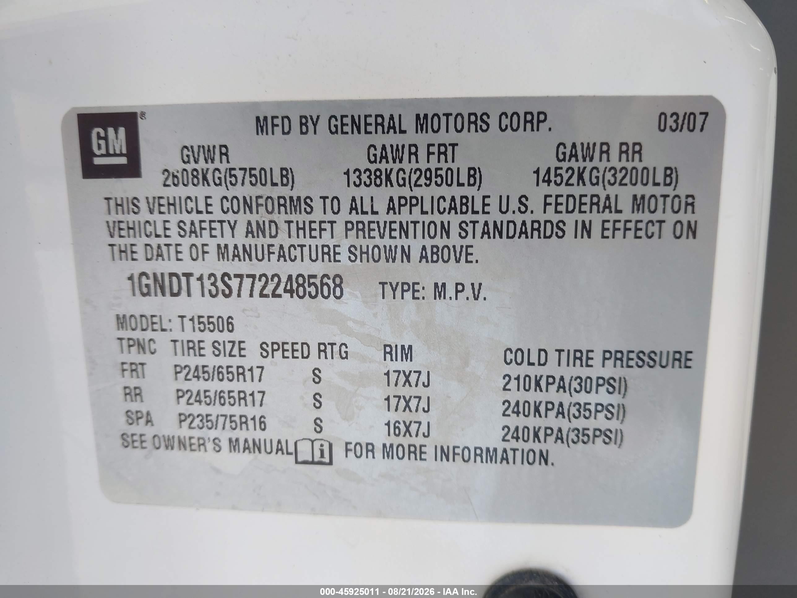 2007 Chevrolet Trailblazer Ls White vin: 1GNDT13S772248568