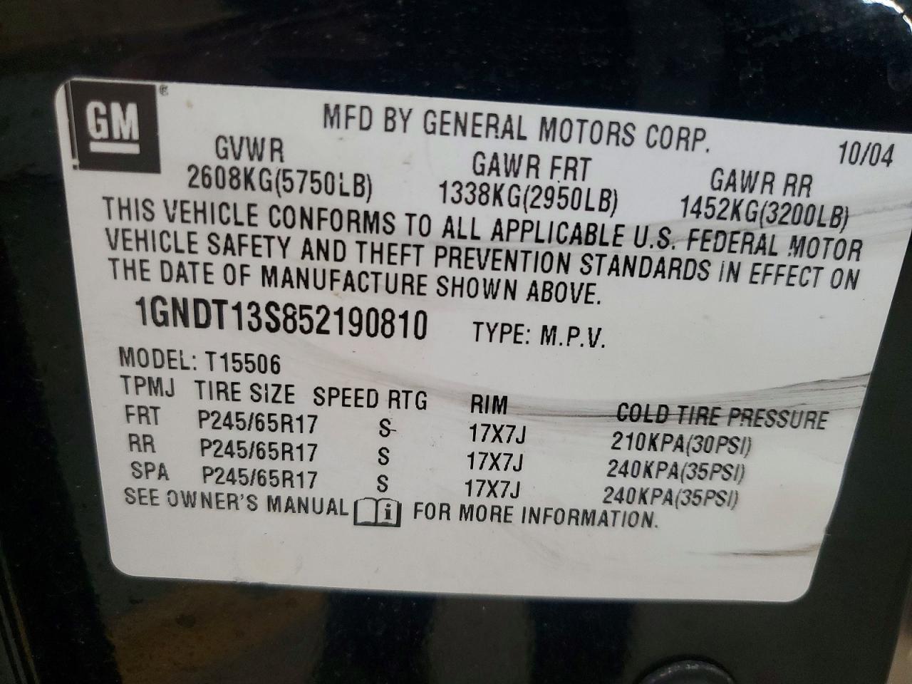 2005 Chevrolet Trailblazer Ls Black vin: 1GNDT13S852190810
