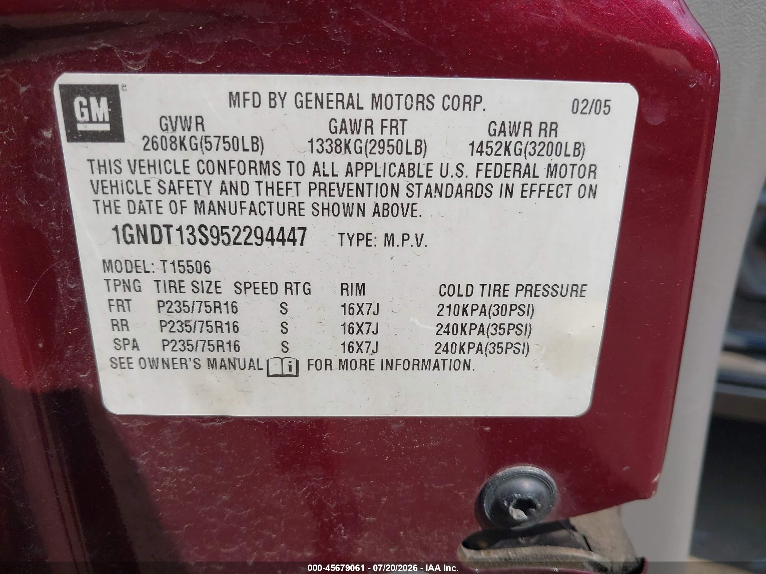 2005 Chevrolet Trailblazer Ls Red vin: 1GNDT13S952294447
