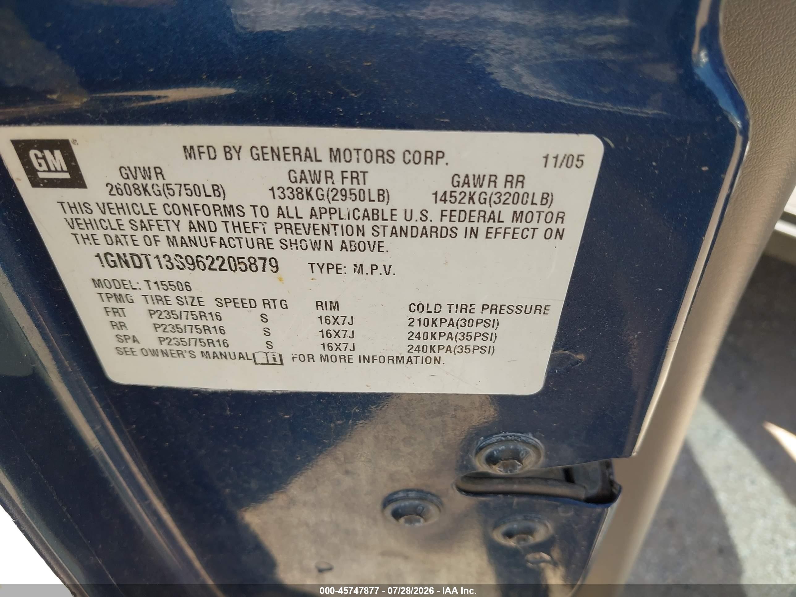 2006 Chevrolet Trailblazer Ls Blue vin: 1GNDT13S962205879