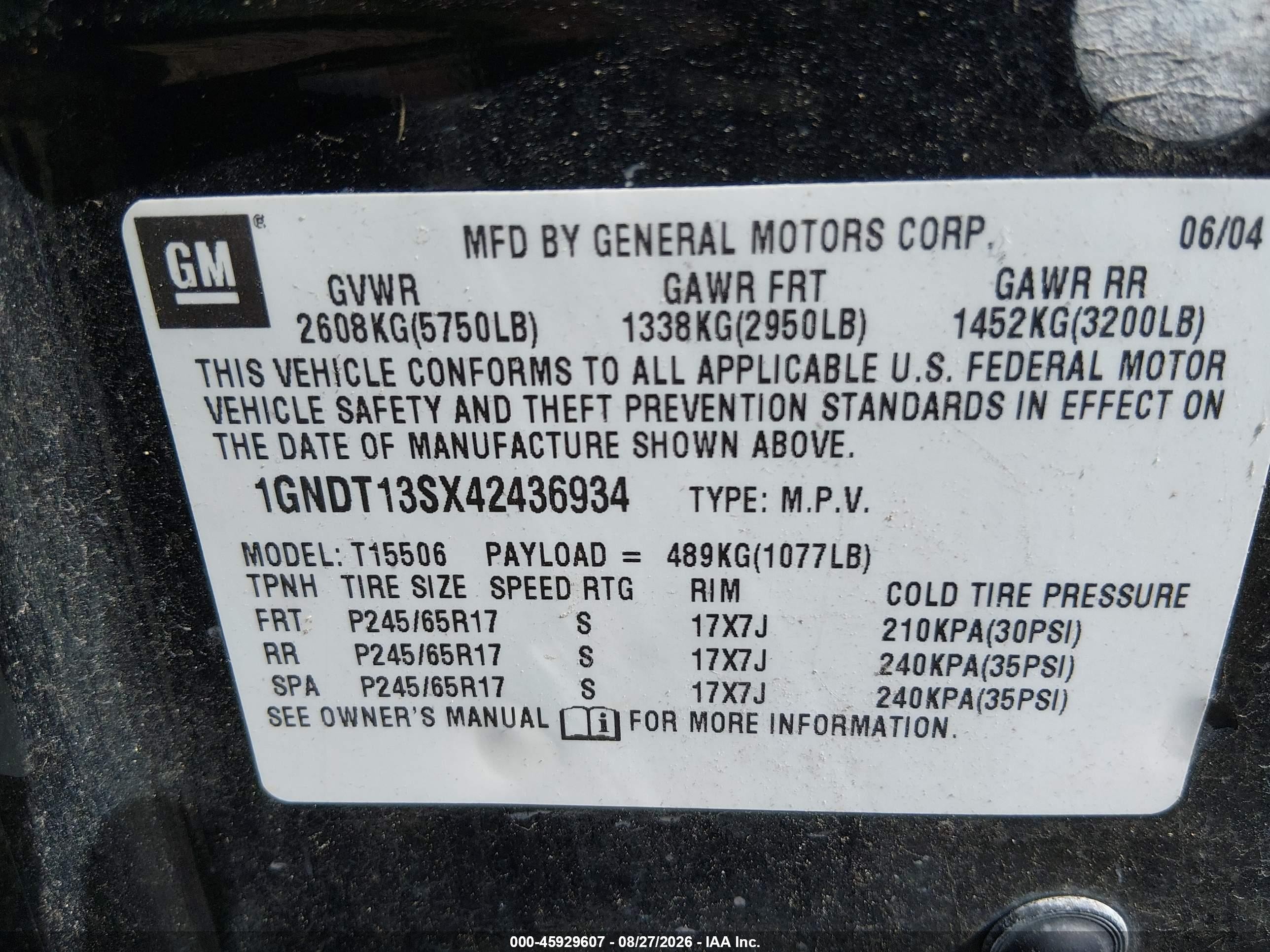 2004 Chevrolet Trailblazer Lt Black vin: 1GNDT13SX42436934