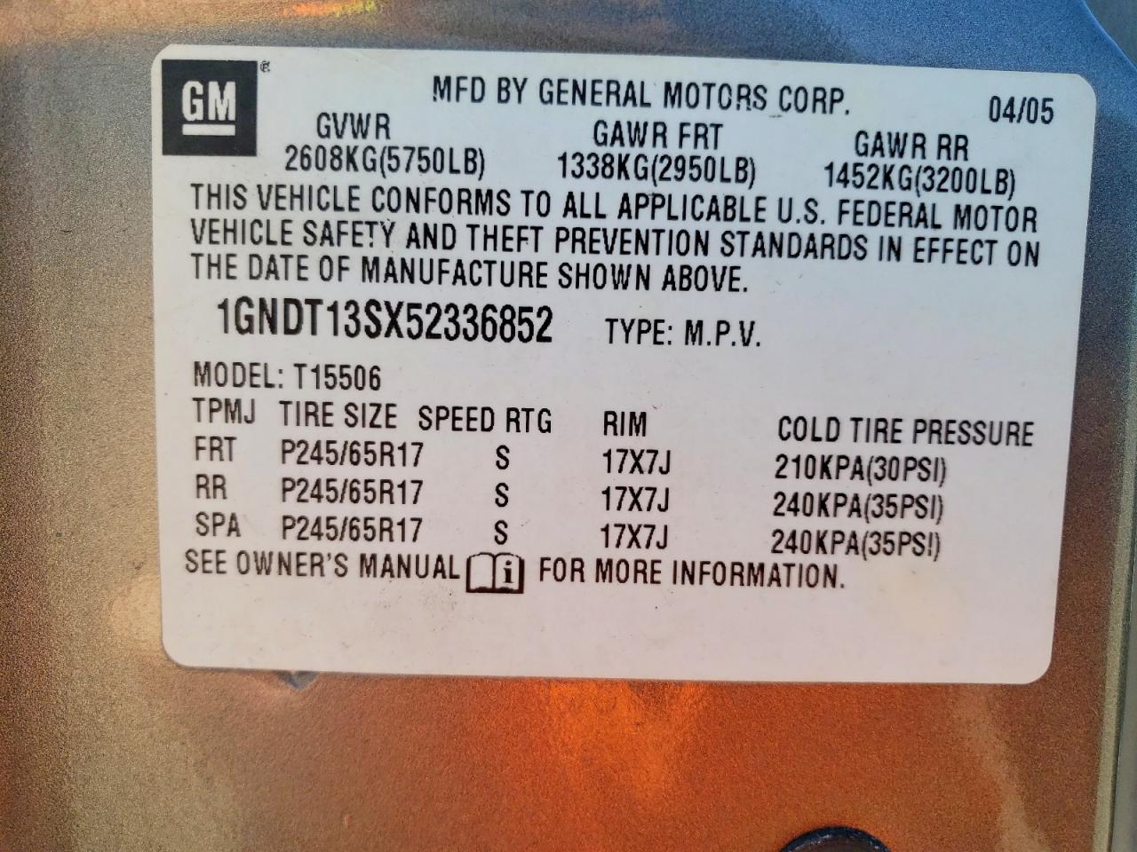 2005 Chevrolet Trailblazer Tan vin: 1GNDT13SX52336852