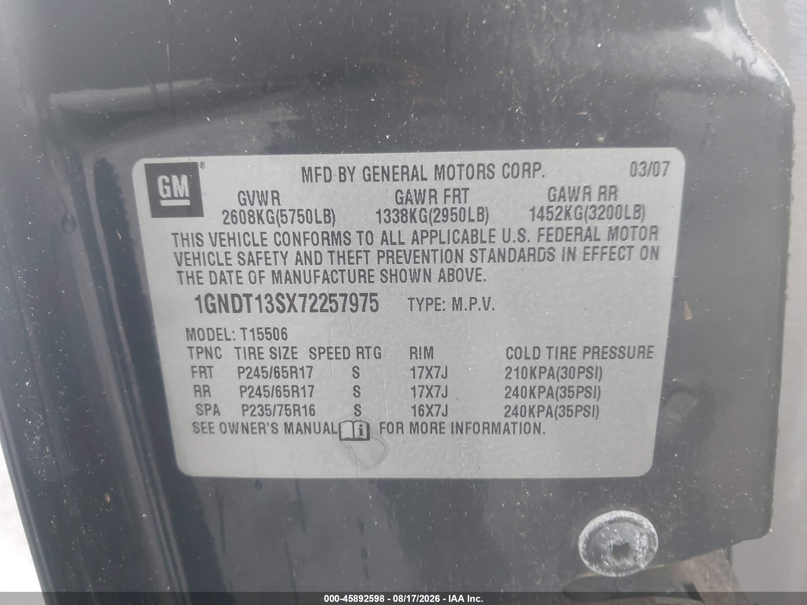 2007 Chevrolet Trailblazer Lt Gray vin: 1GNDT13SX72257975