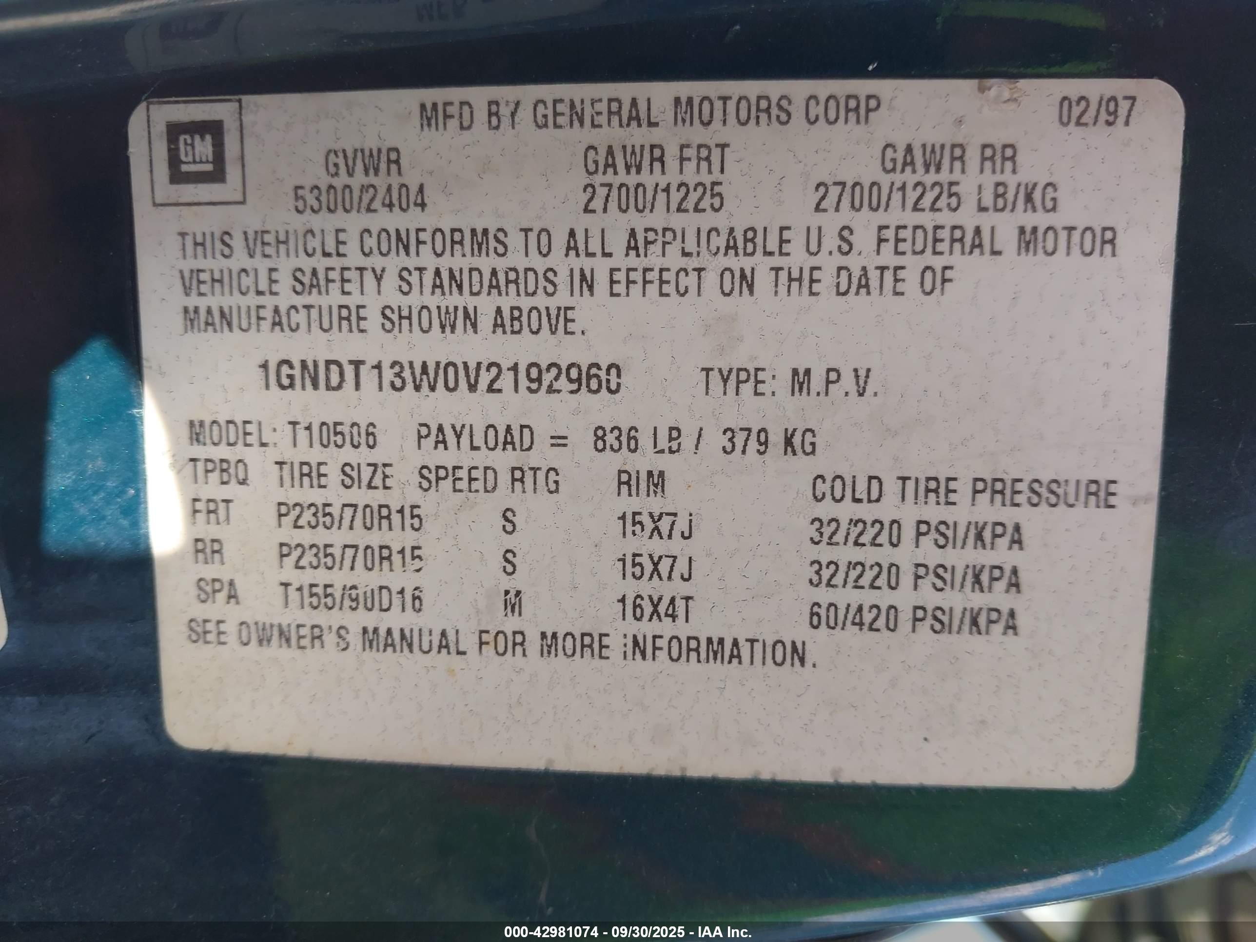 1997 Chevrolet Blazer Lt Green vin: 1GNDT13W0V2192960
