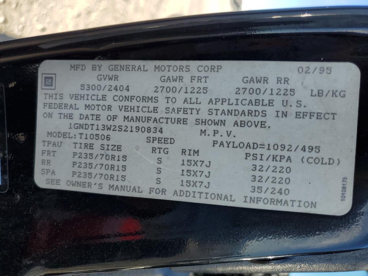 1995 Chevrolet Blazer Black vin: 1GNDT13W2S2190834