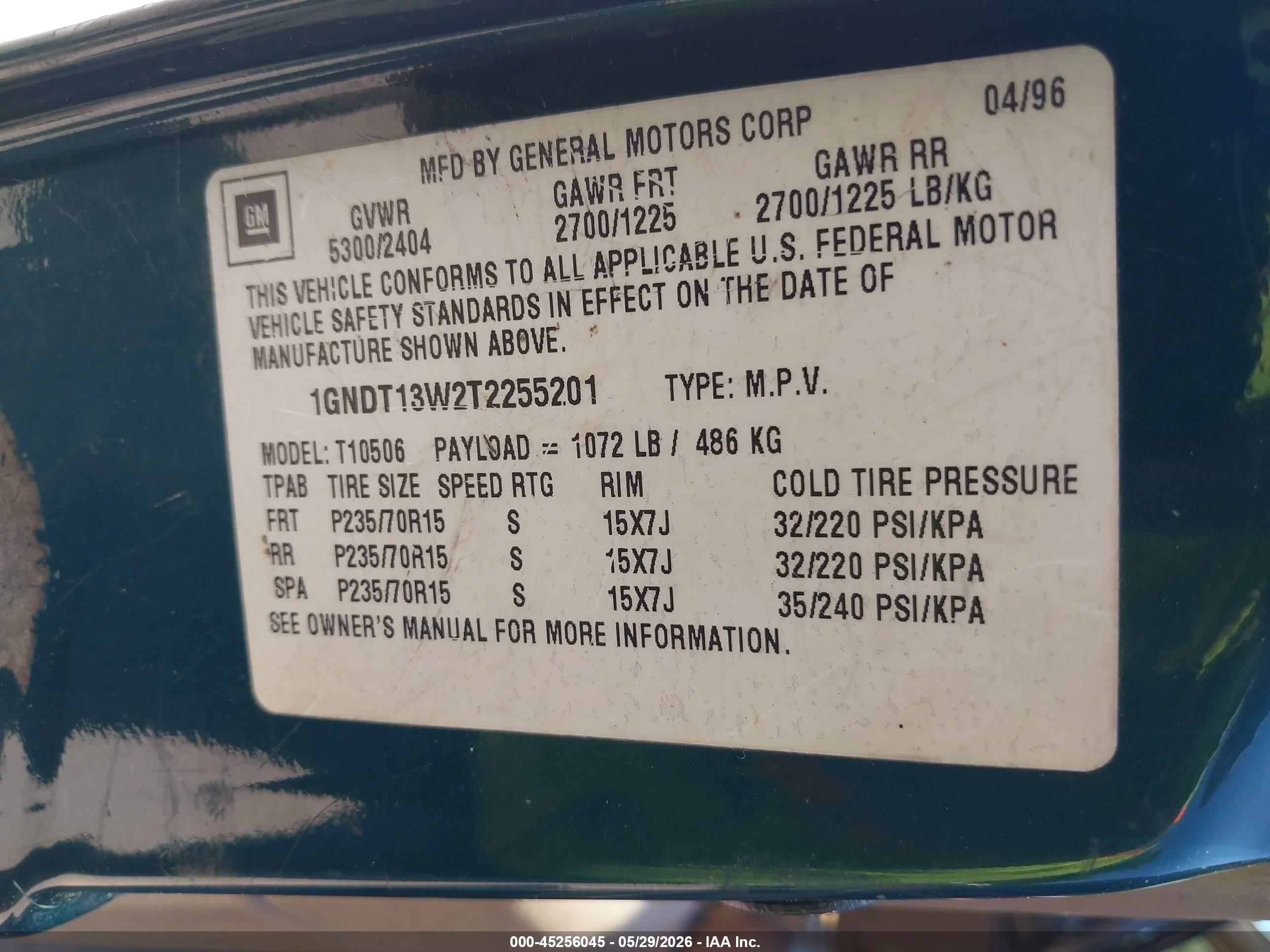 1996 Chevrolet Blazer   Green vin: 1GNDT13W2T2255201