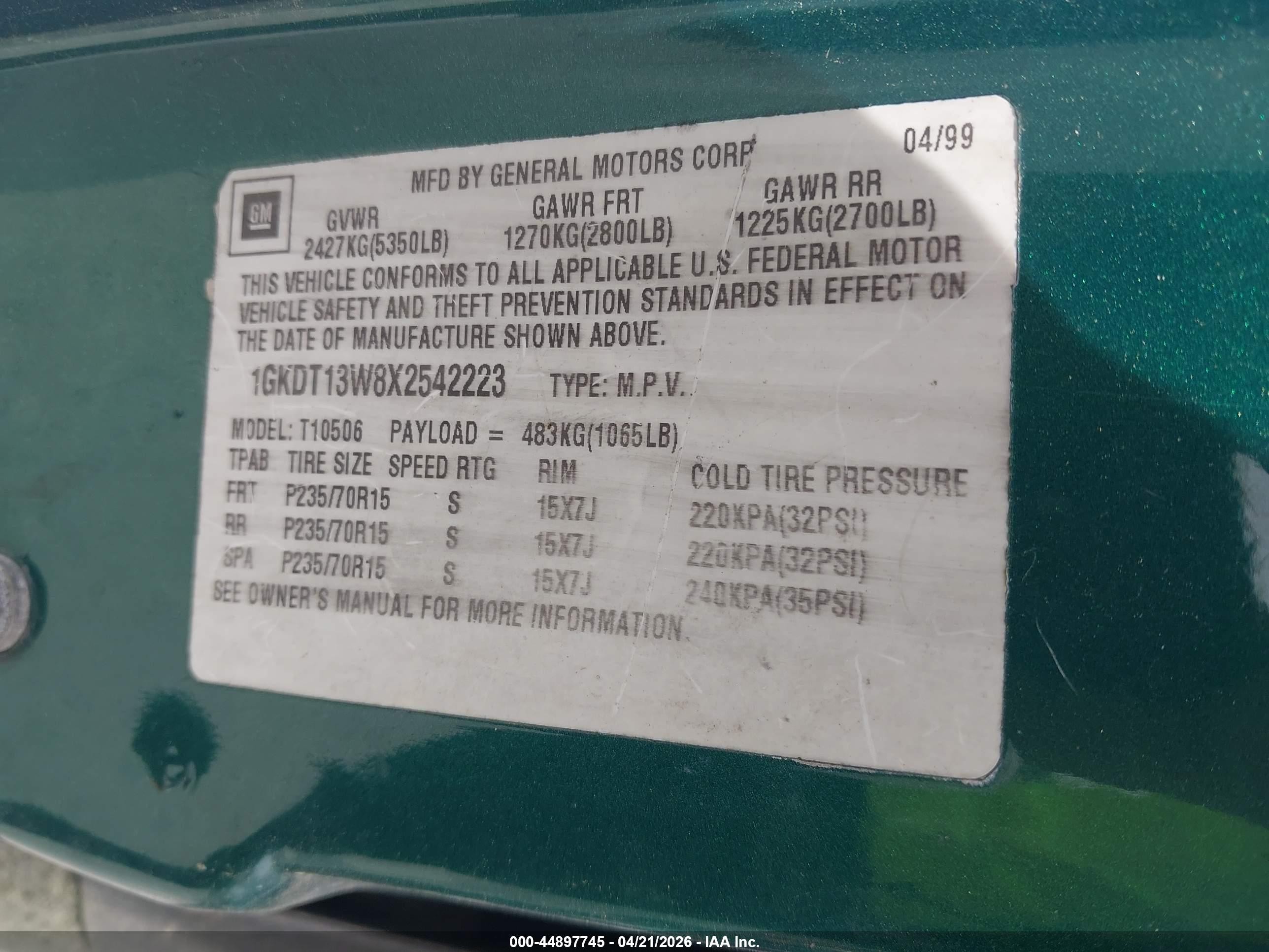 1999 Chevrolet Blazer Ls Green vin: 1GNDT13W7XK133052