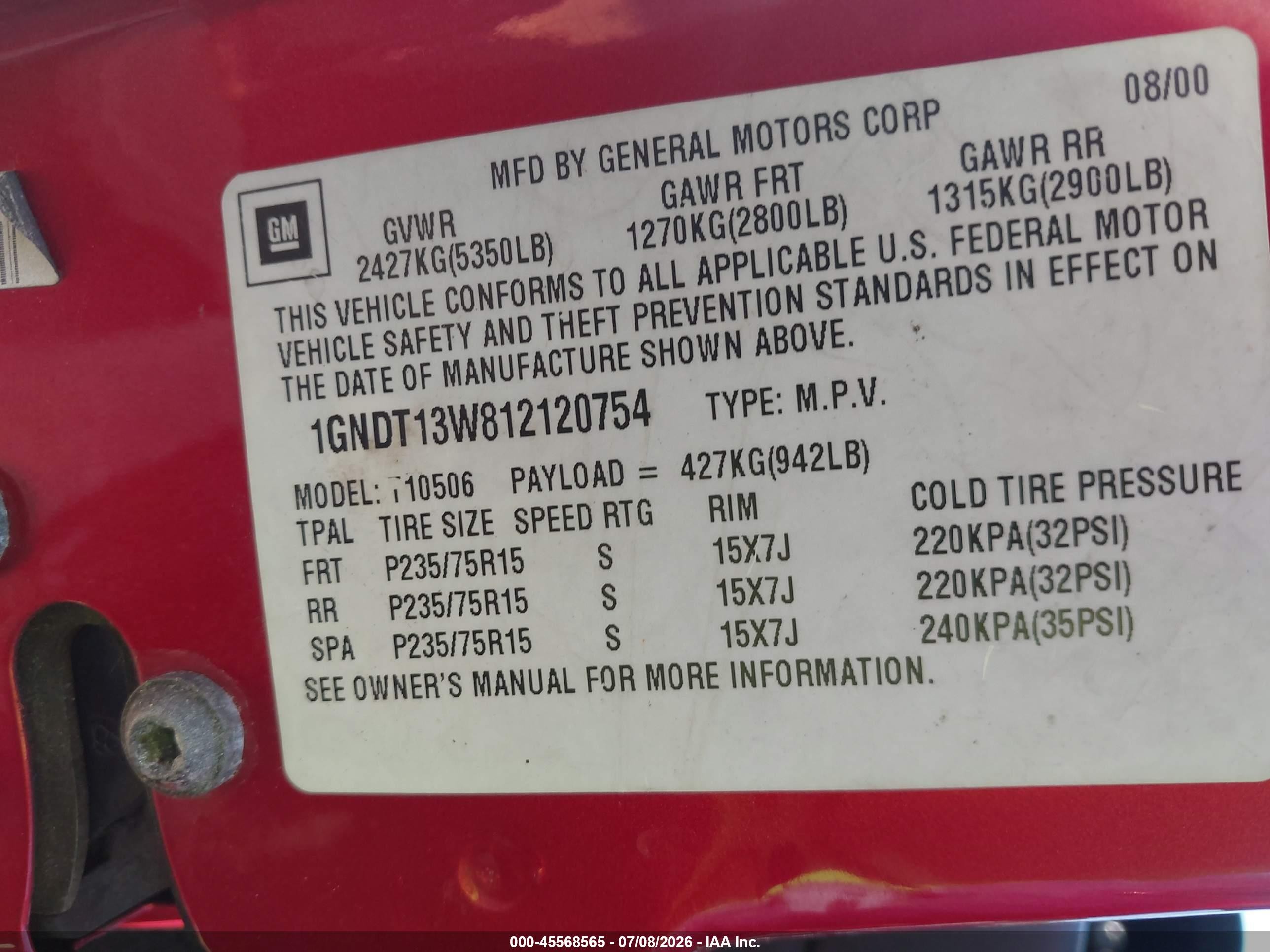 2001 Chevrolet Blazer Lt Red vin: 1GNDT13W812120754