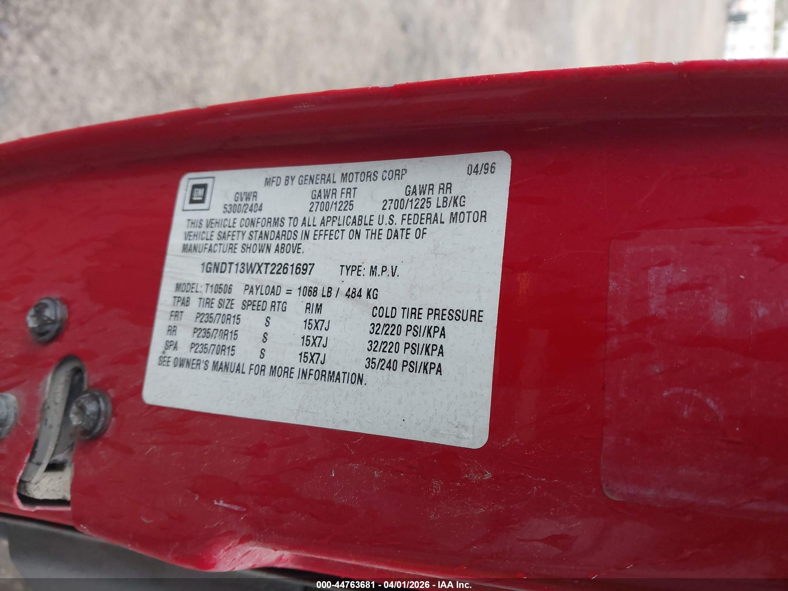 1996 Chevrolet Blazer   Red vin: 1GNDT13WXT2261697