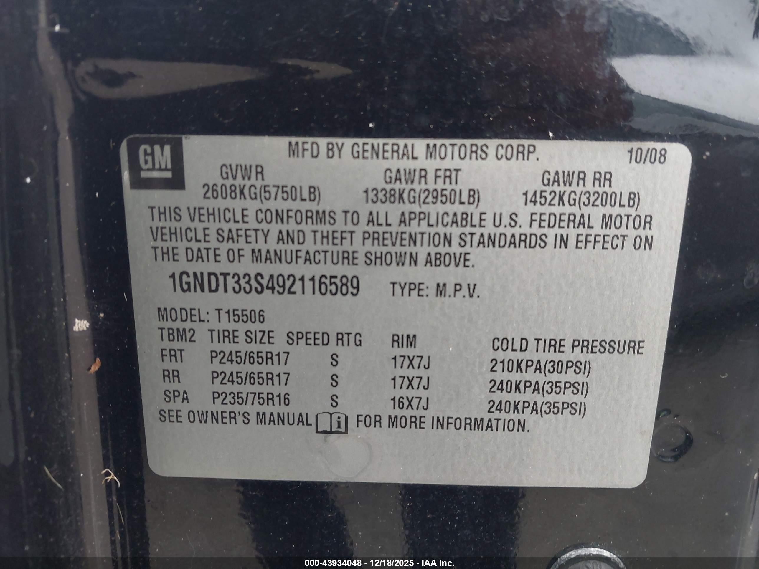 2009 Chevrolet Trailblazer Lt Black vin: 1GNDT33S492116589