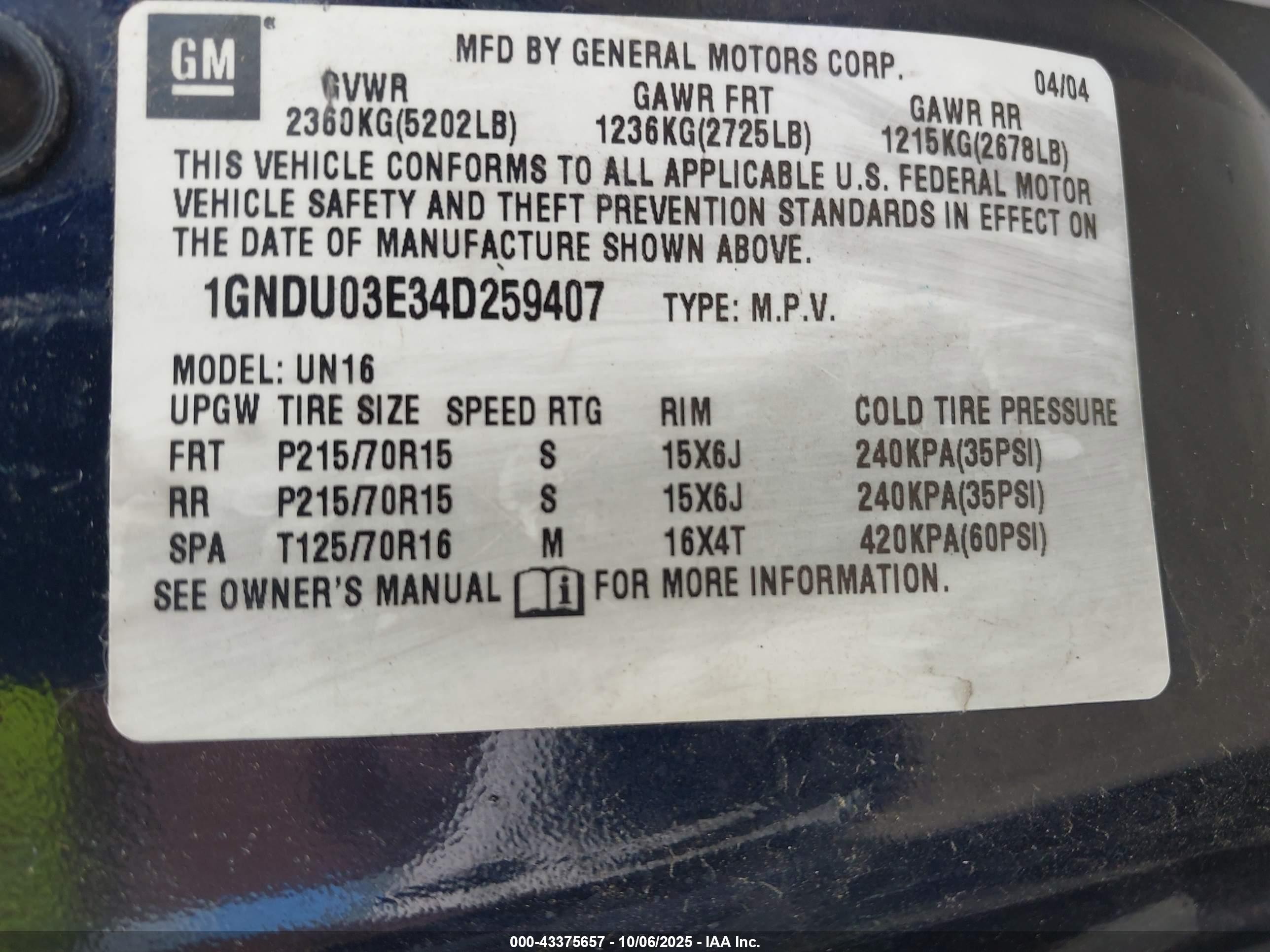 2004 Chevrolet Venture Plus Dark Blue vin: 1GNDU03E34D259407