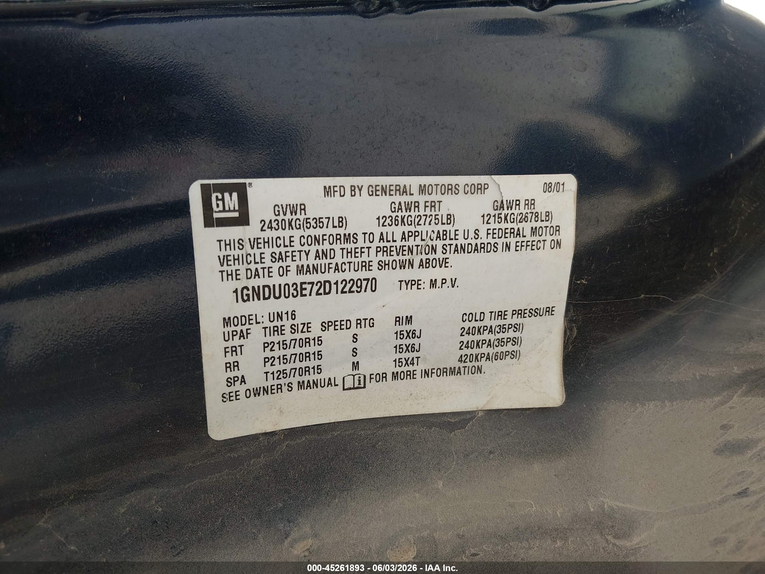 2002 Chevrolet Venture Plus Black vin: 1GNDU03E72D122970
