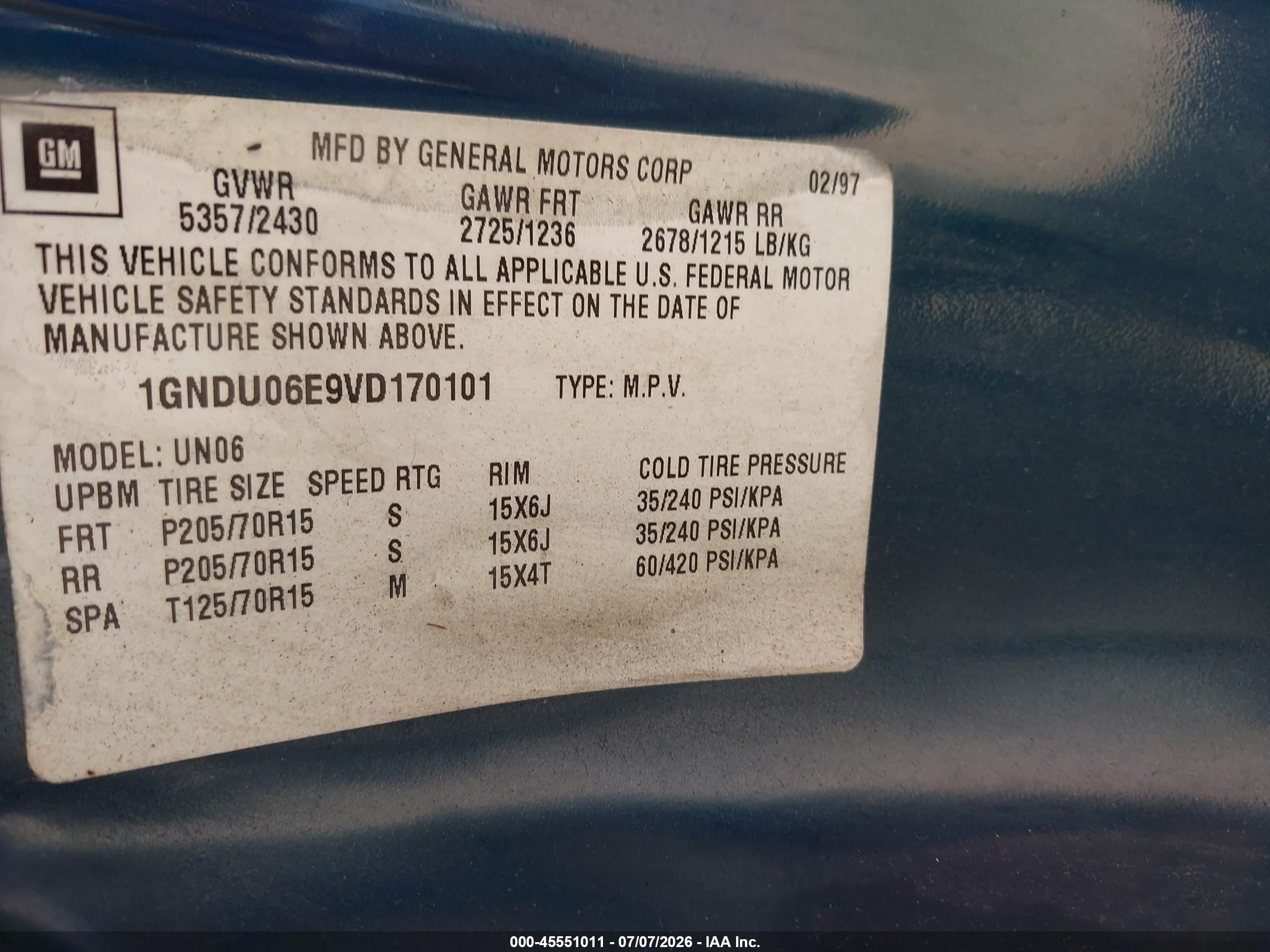 1997 Chevrolet Venture   Green vin: 1GNDU06E9VD170101