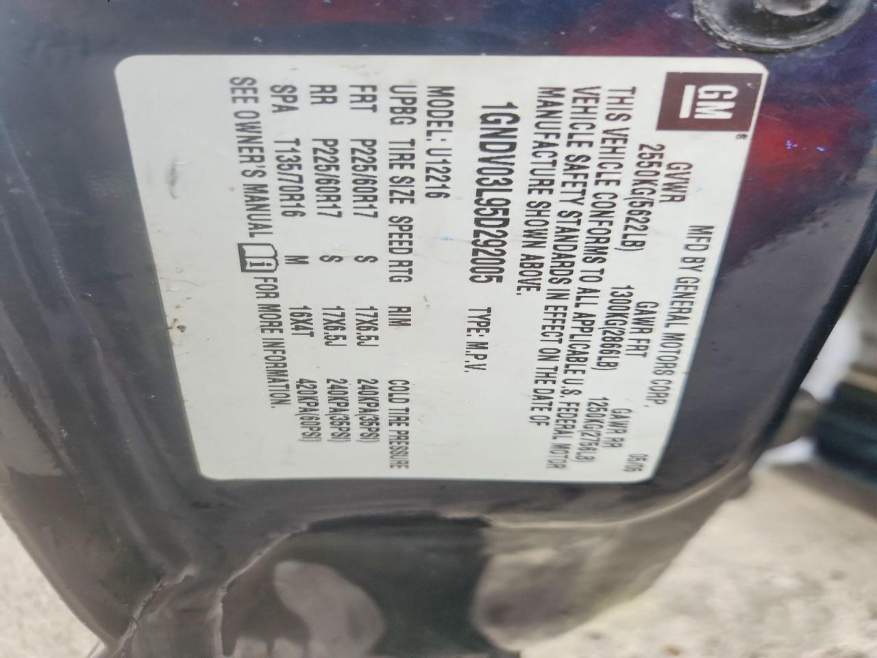 2005 Chevrolet Uplander Blue vin: 1GNDV03L95D292005